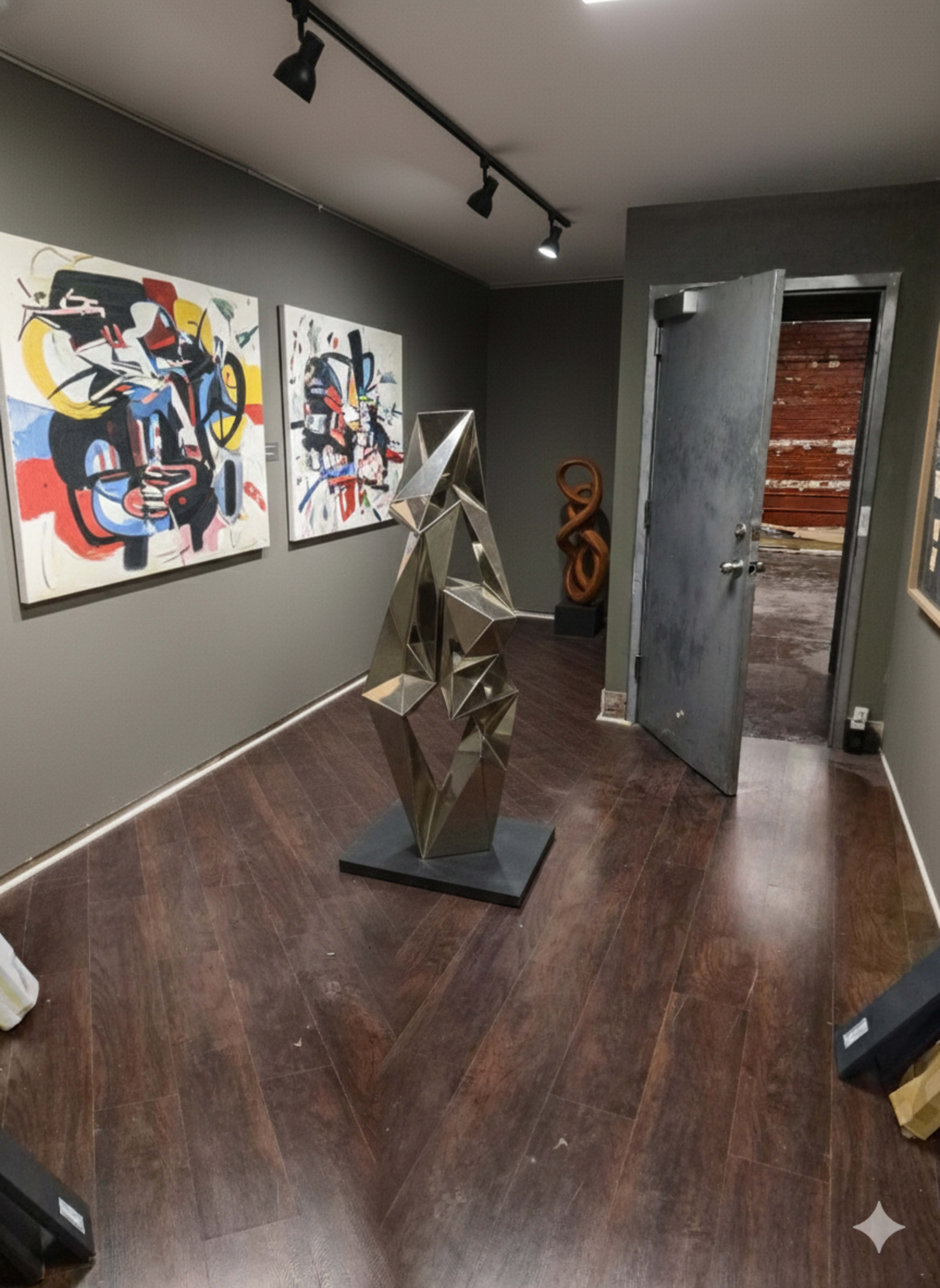 The image shows an art gallery featuring abstract paintings on the walls and a mirrored geometric sculpture in the center, with an open door leading to a wooden interior.