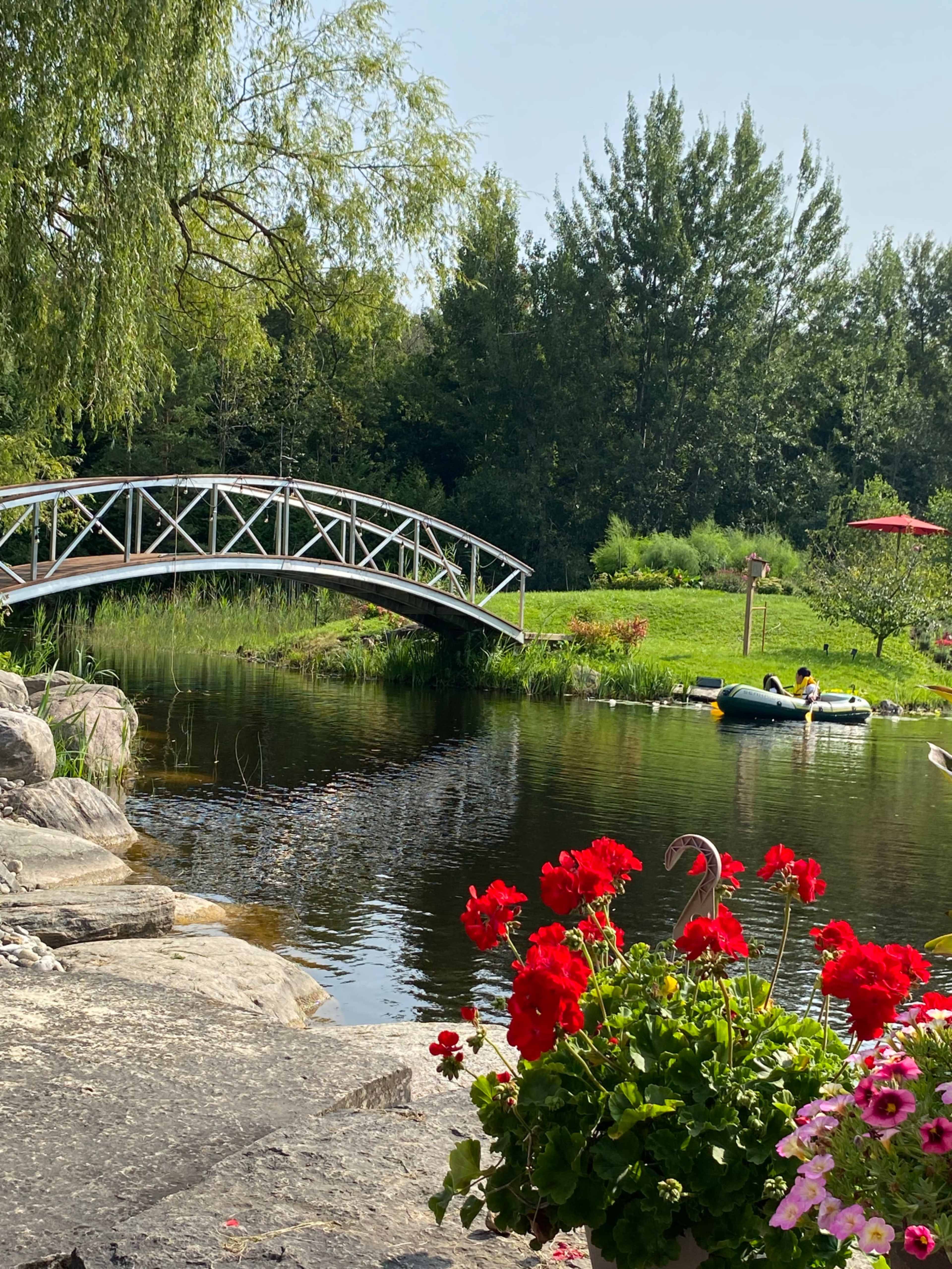 A white wooden bridge spans a calm pond surrounded by greenery, with red flowers in the foreground and two people in a small boat on the water.