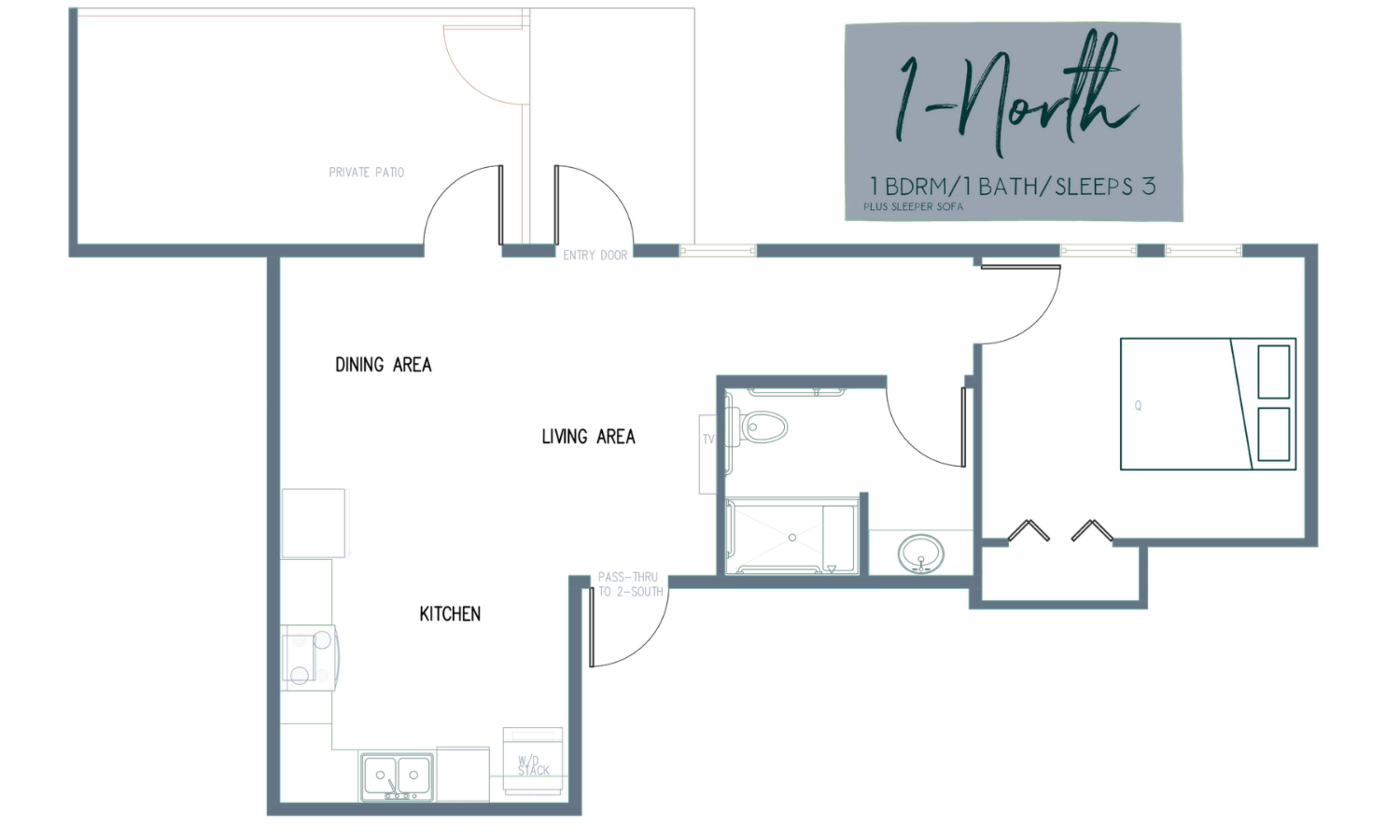 The image is a floor plan labeled "1-North," showing a one-bedroom unit with a bathroom, kitchen, dining area, living area, and a private patio.