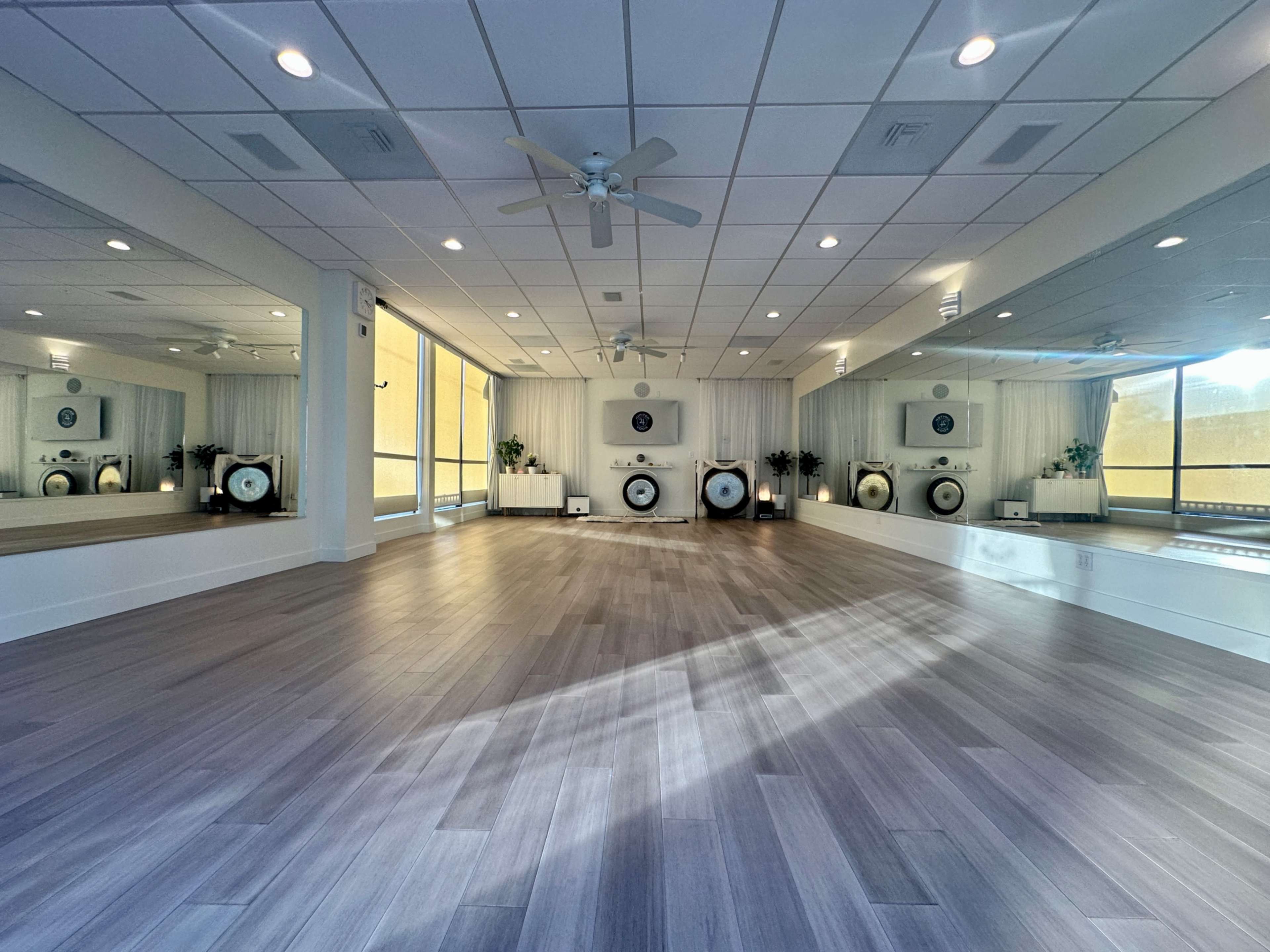 The image shows a spacious, well-lit room with hardwood floors, large mirrors on two walls, and decorative plants enhancing the minimalist aesthetic.