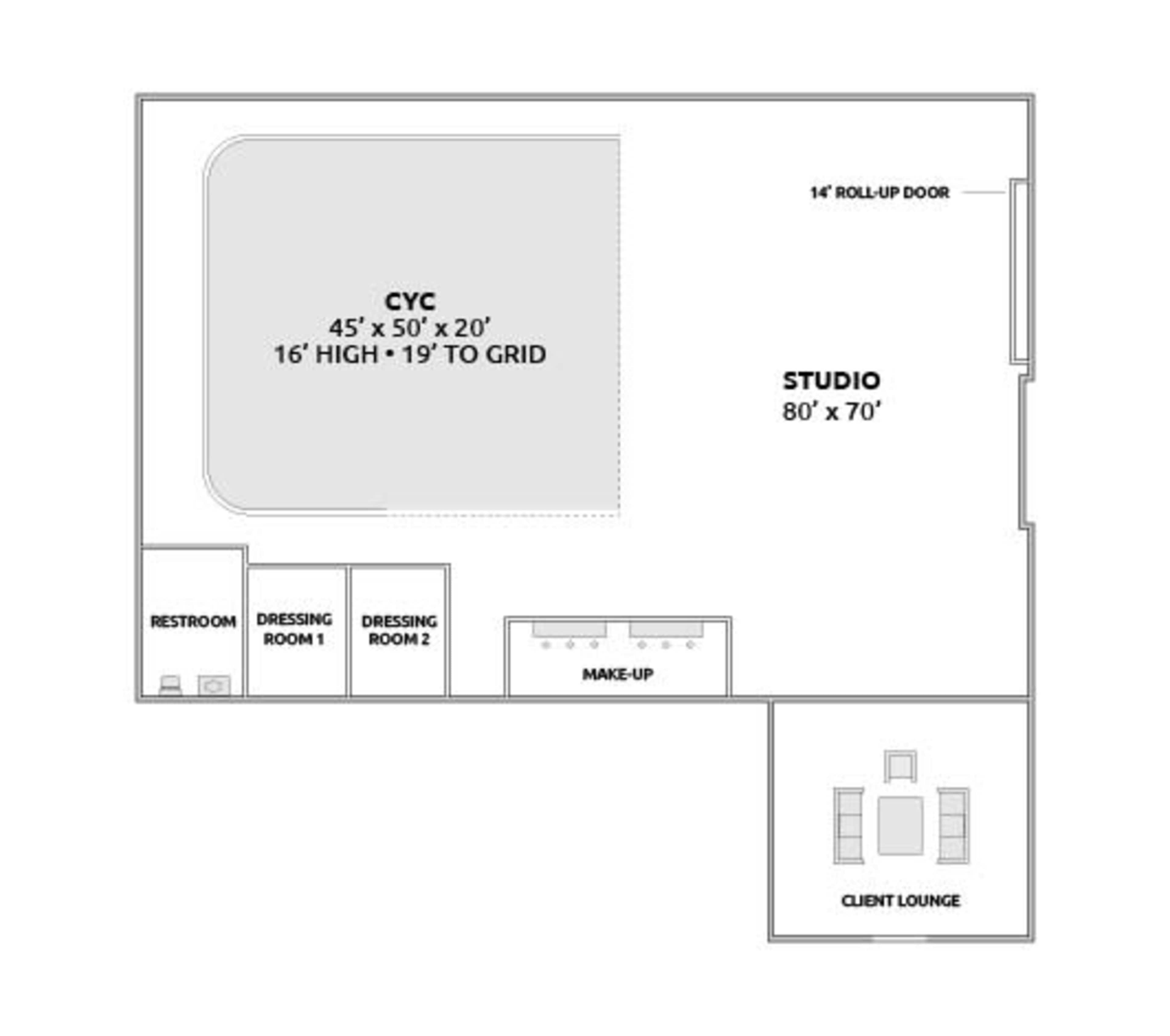 The image shows a floor plan of a studio layout featuring a cyc wall, two dressing rooms, a restroom, a makeup area, and a client lounge.
