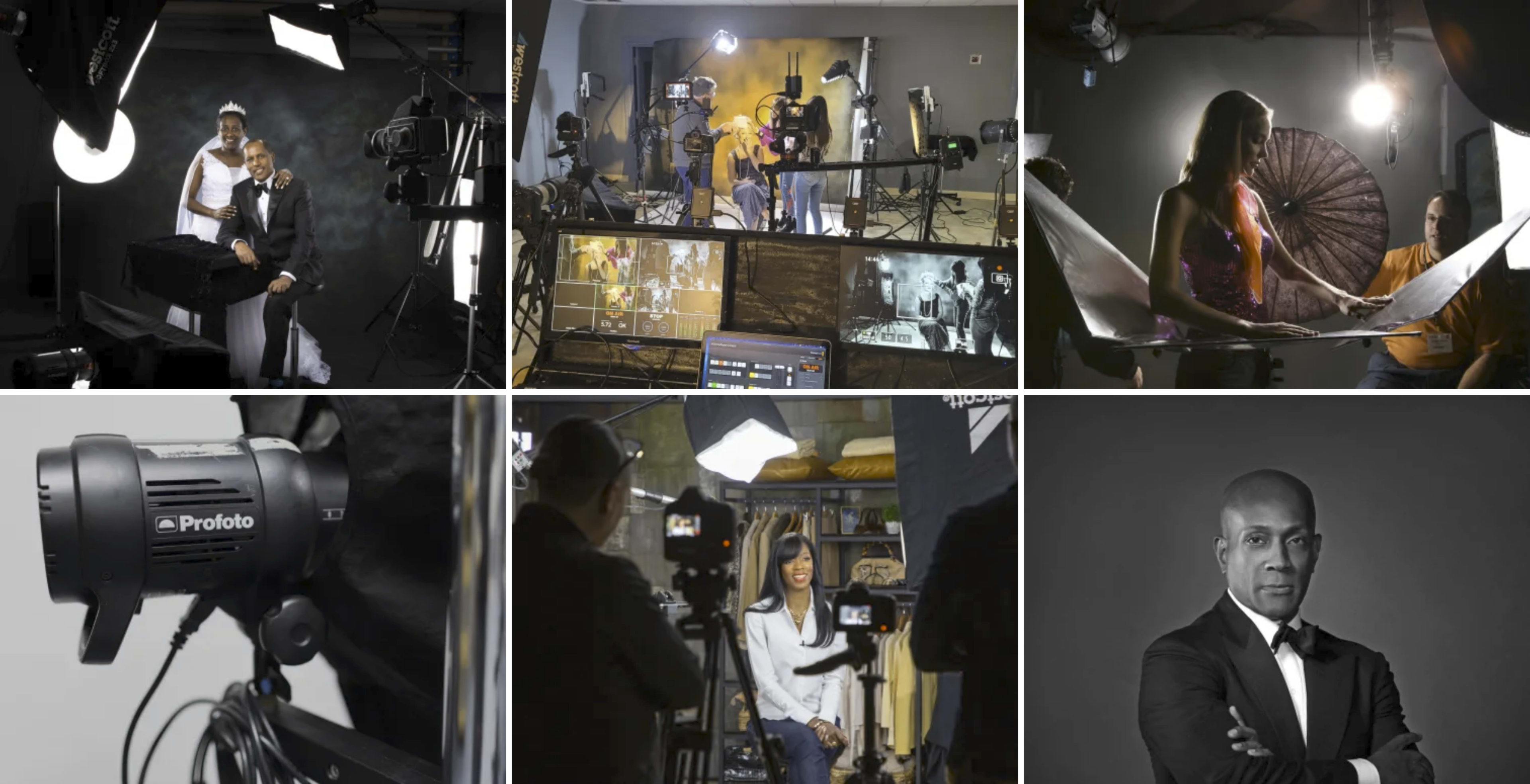A behind-the-scenes look at a professional photography studio with multiple lighting setups, cameras, and models being photographed.