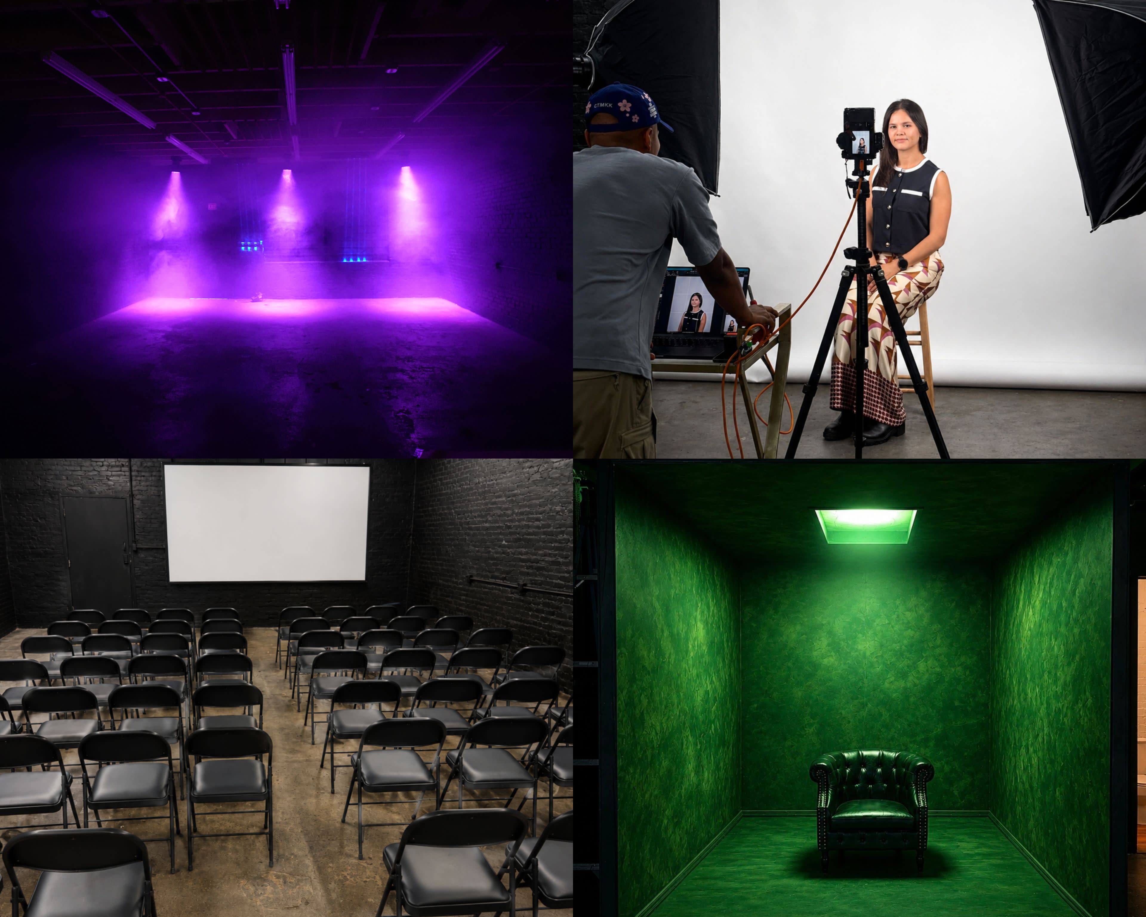 The image shows four distinct scenes: a stage with purple lighting, a woman posing for a portrait in a studio, a theater with empty chairs facing a screen, and a green-walled room featuring a single chair.