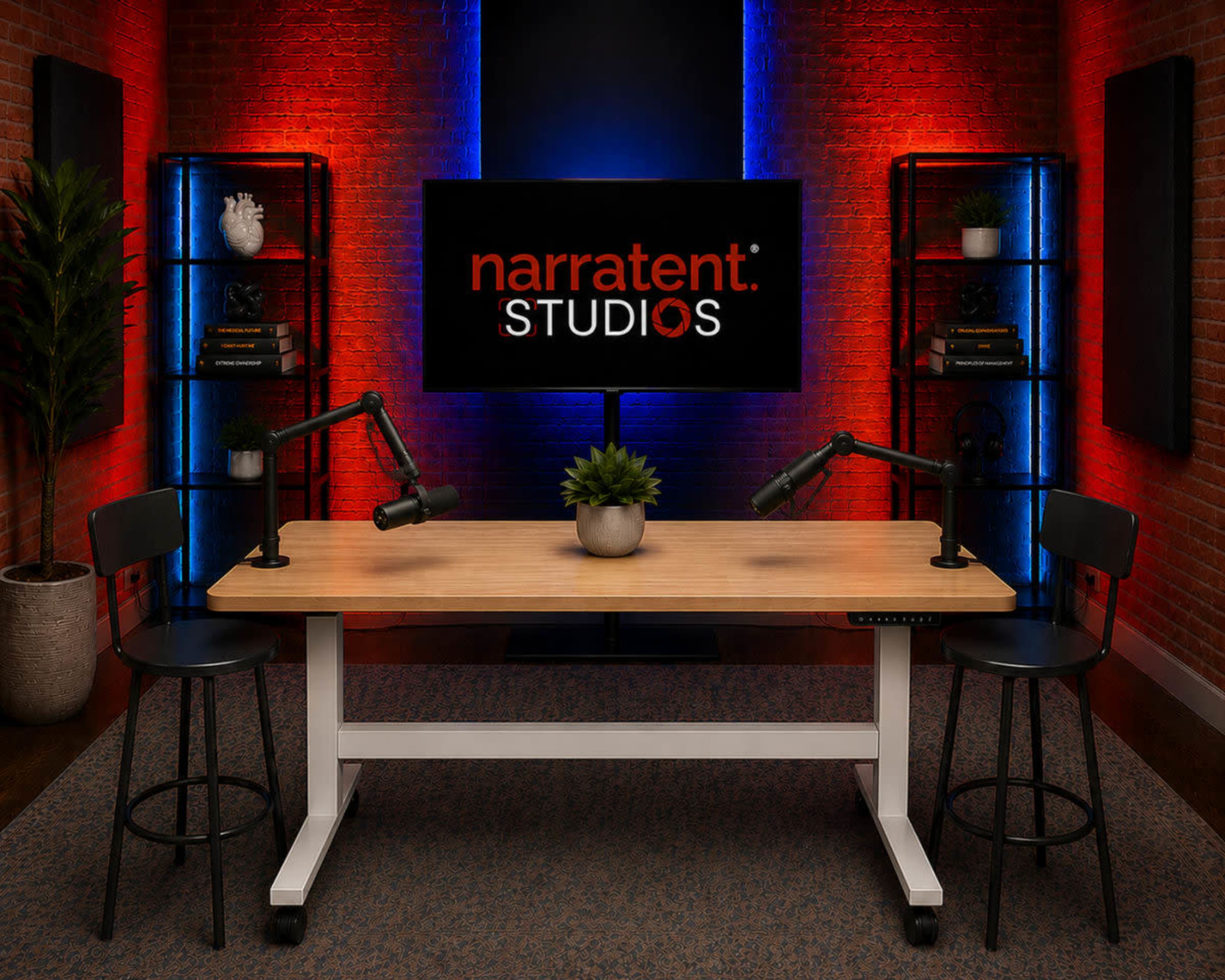 The image shows a modern podcast studio setup with a wooden table, two black bar stools, microphones, and shelves adorned with decorative items, all illuminated by red and blue lighting.
