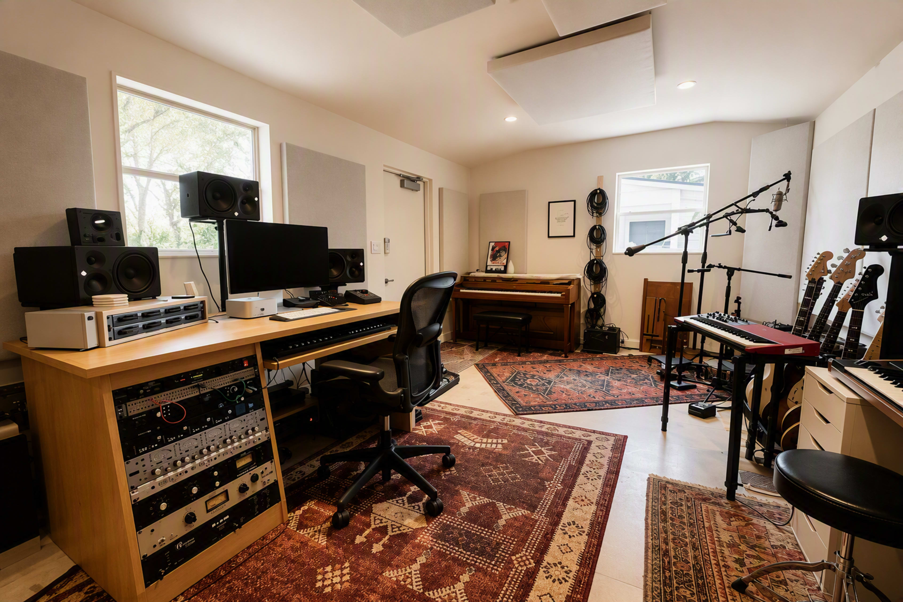 The image shows a music recording studio with a computer workstation, audio equipment, an upright piano, microphones on stands, and various musical instruments arranged around the room.