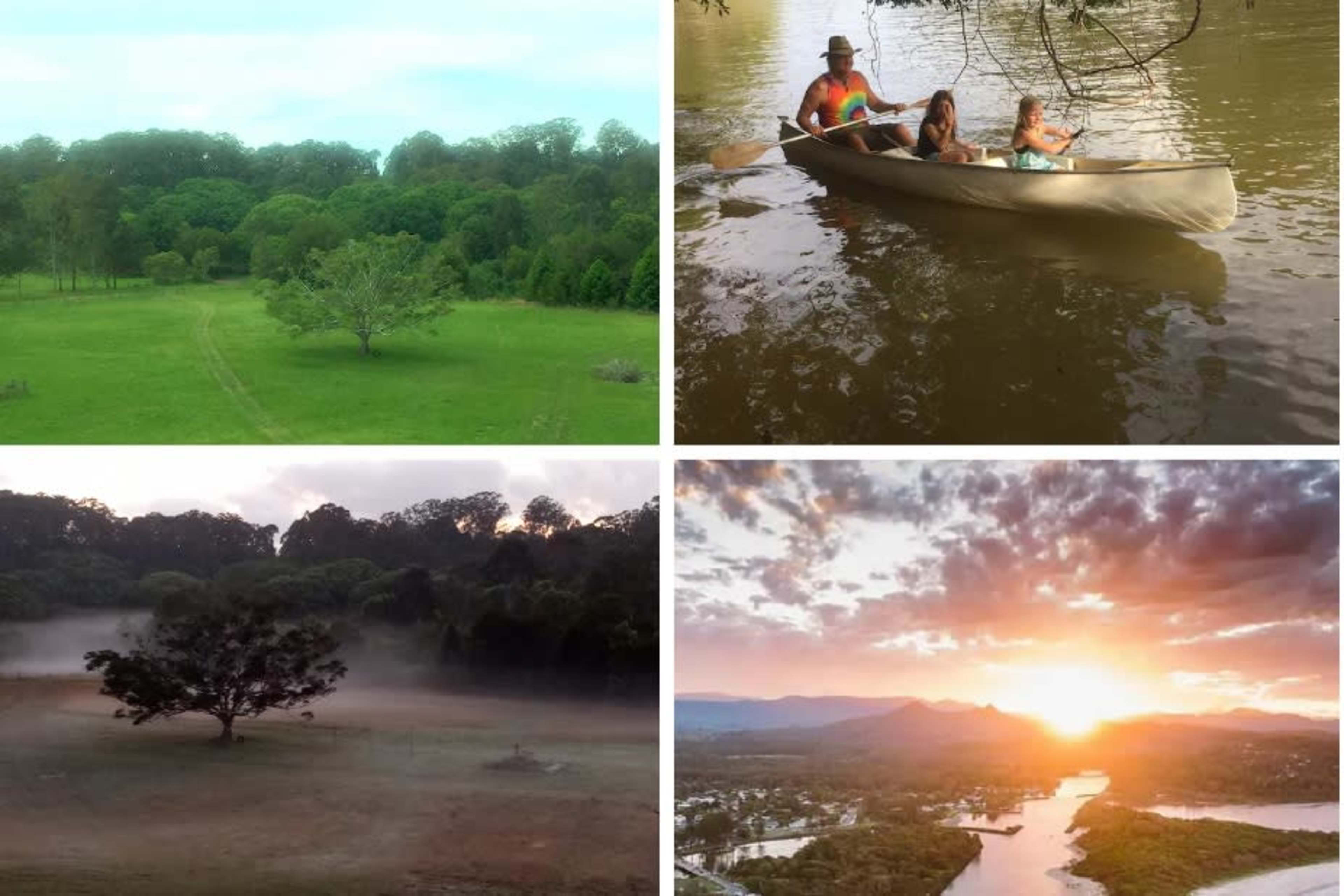The image shows four scenes: a green landscape with trees, a group kayaking on a river, a foggy field with a tree, and a sunset over a valley with a winding river.