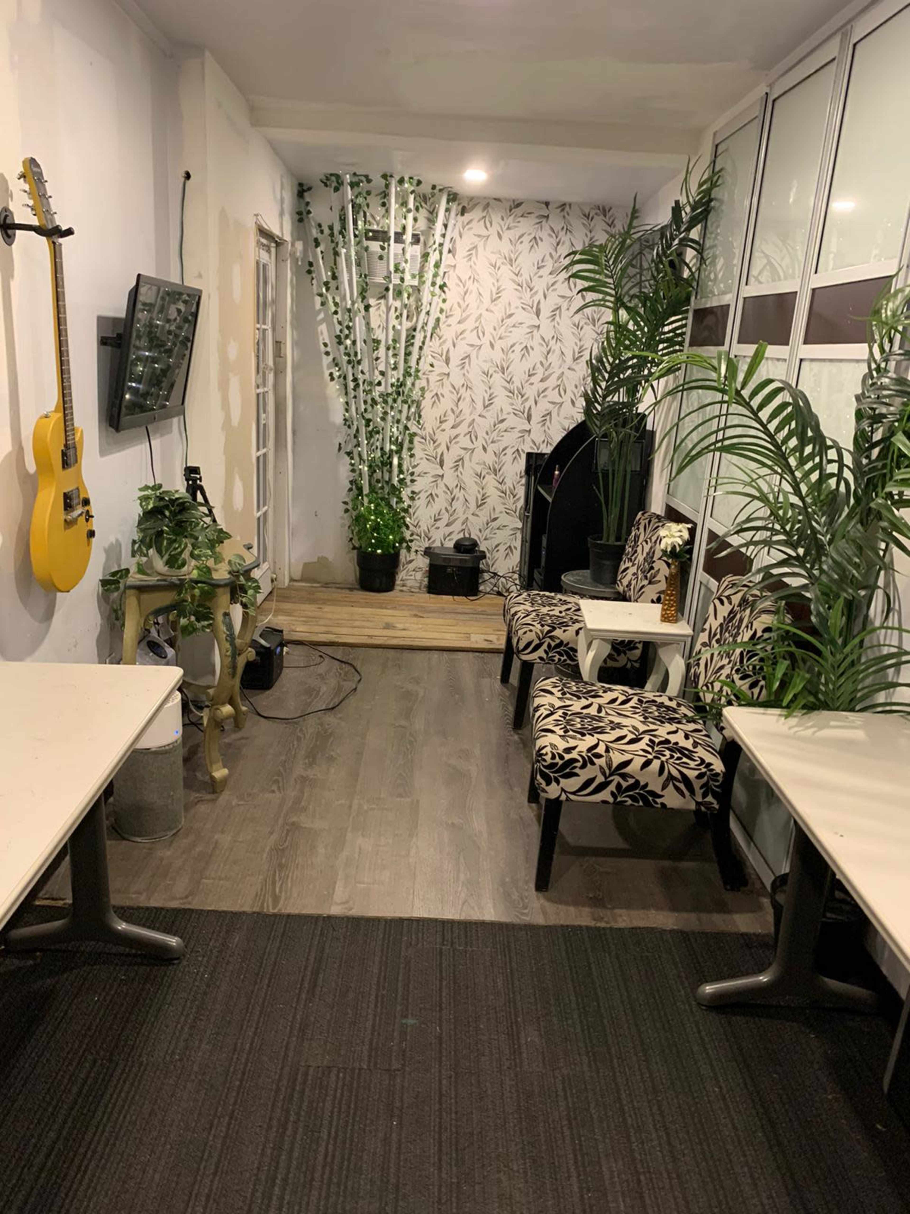 A narrow room with bamboo wallpaper, potted plants, and two patterned chairs, facing a wall-mounted TV and guitar, with wooden flooring and two white tables.
