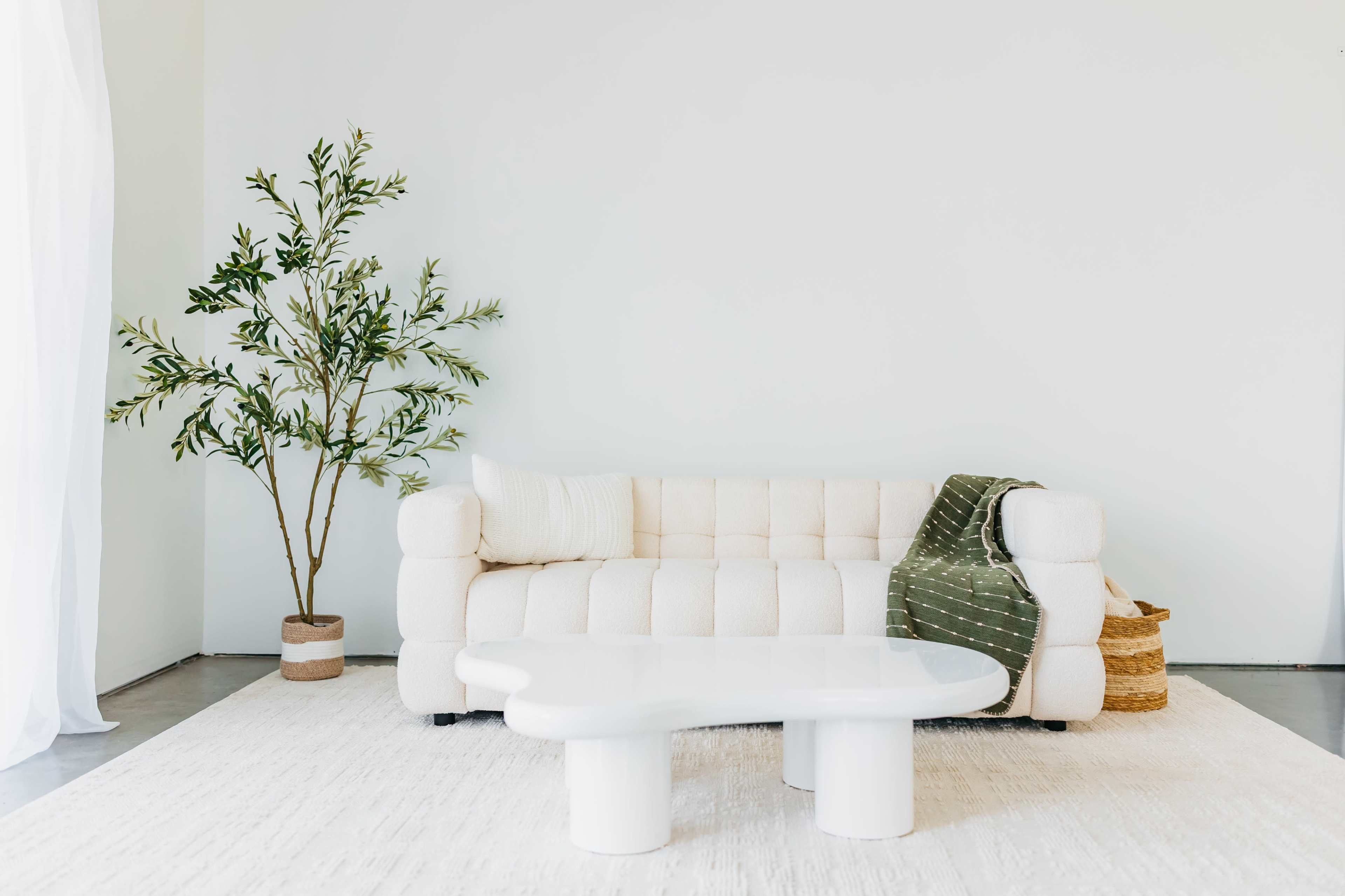 The image shows a modern living room featuring a white tufted sofa with a green throw, a round coffee table, and a potted plant.