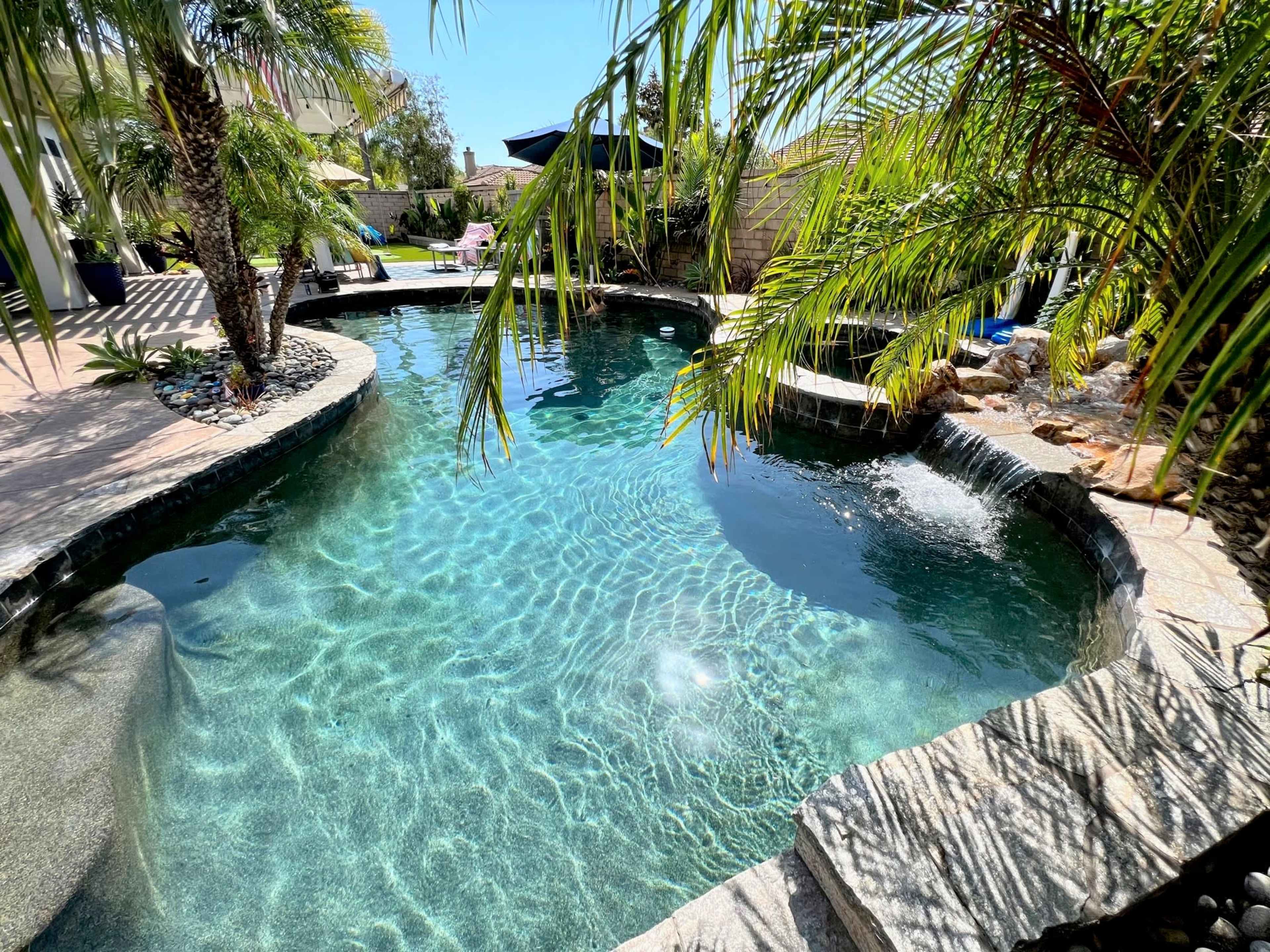 A clear, blue swimming pool surrounded by palm trees and stone pathways under a bright sky.