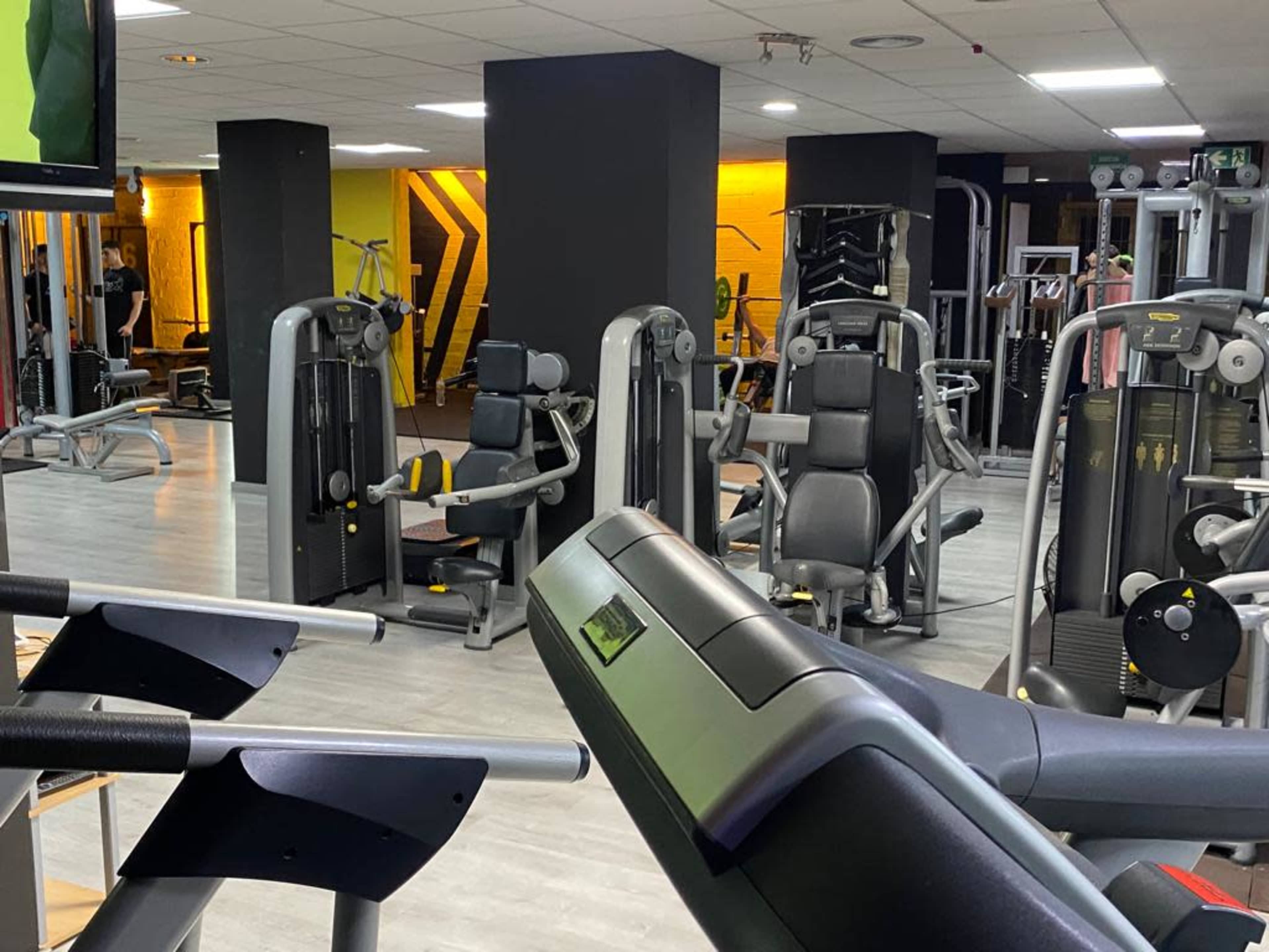 An interior view of a gym featuring various exercise machines, with a combination of cardio and strength training equipment in a modern design.