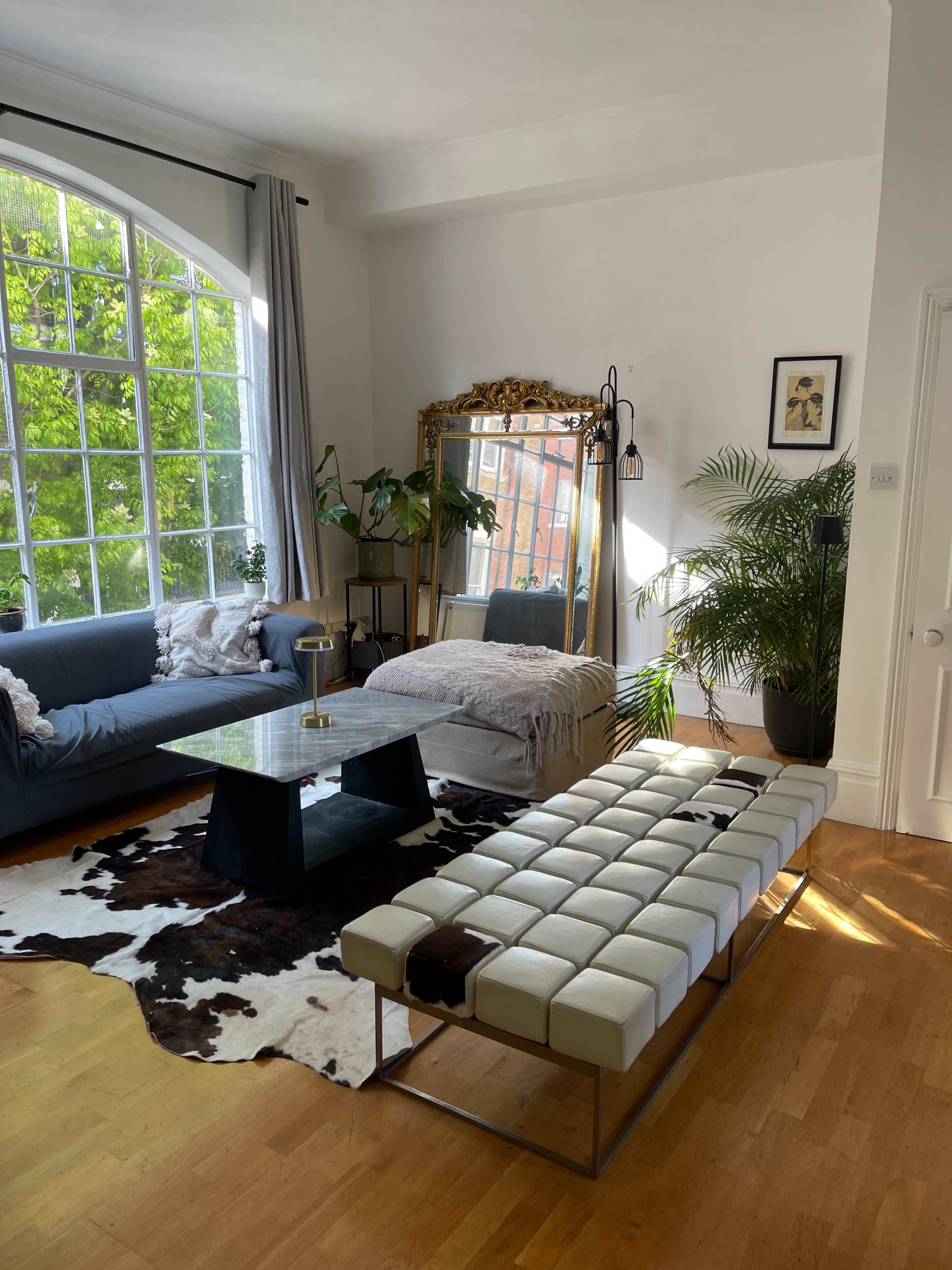 A spacious living room features a large window, a gray sofa, a mirrored gold frame, a coffee table, and a patterned rug, all complemented by indoor plants.