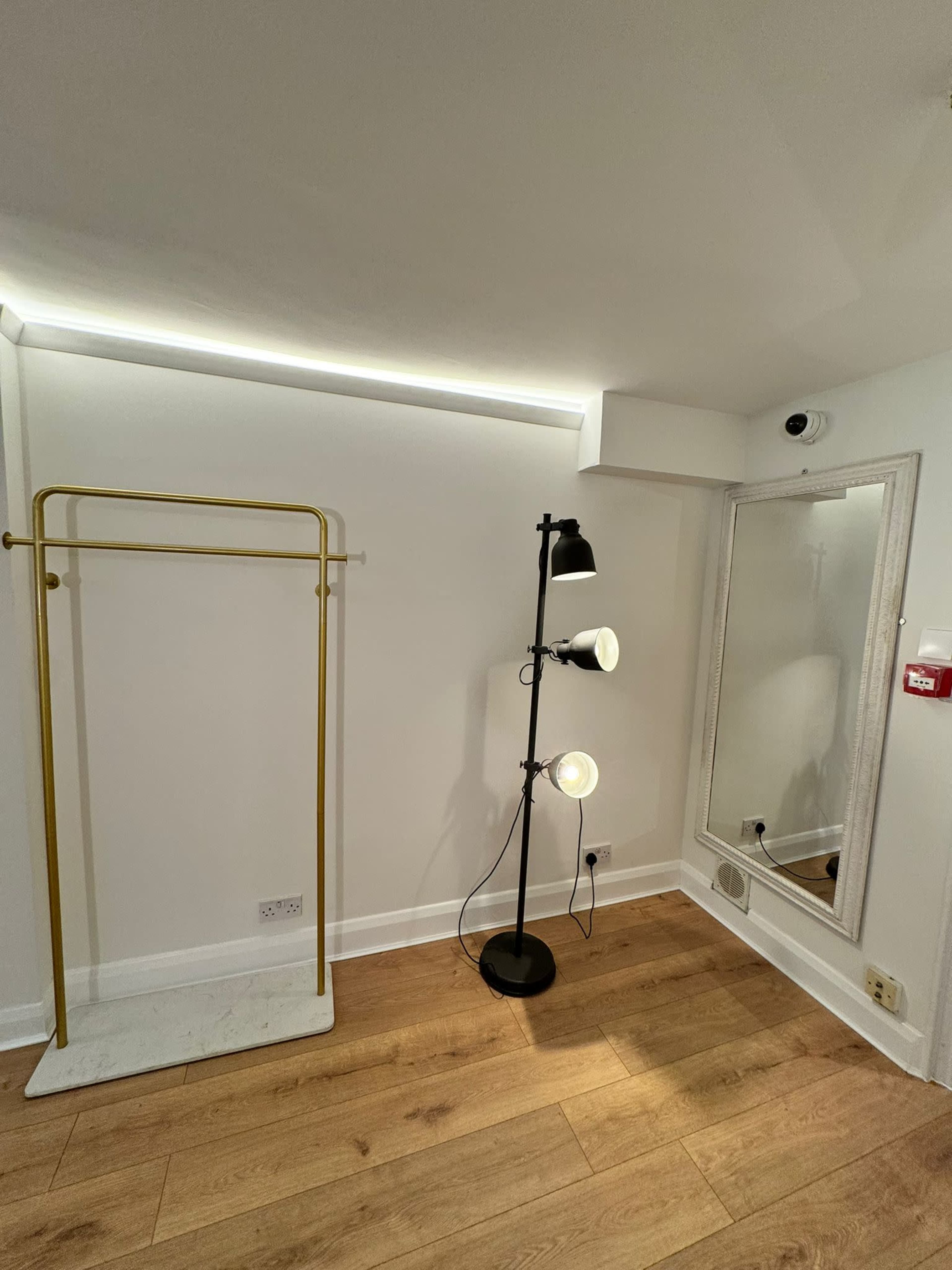 The image shows a minimalist room featuring a gold clothing rack, a black floor lamp with three light fixtures, and a rectangular mirror on a white wall.