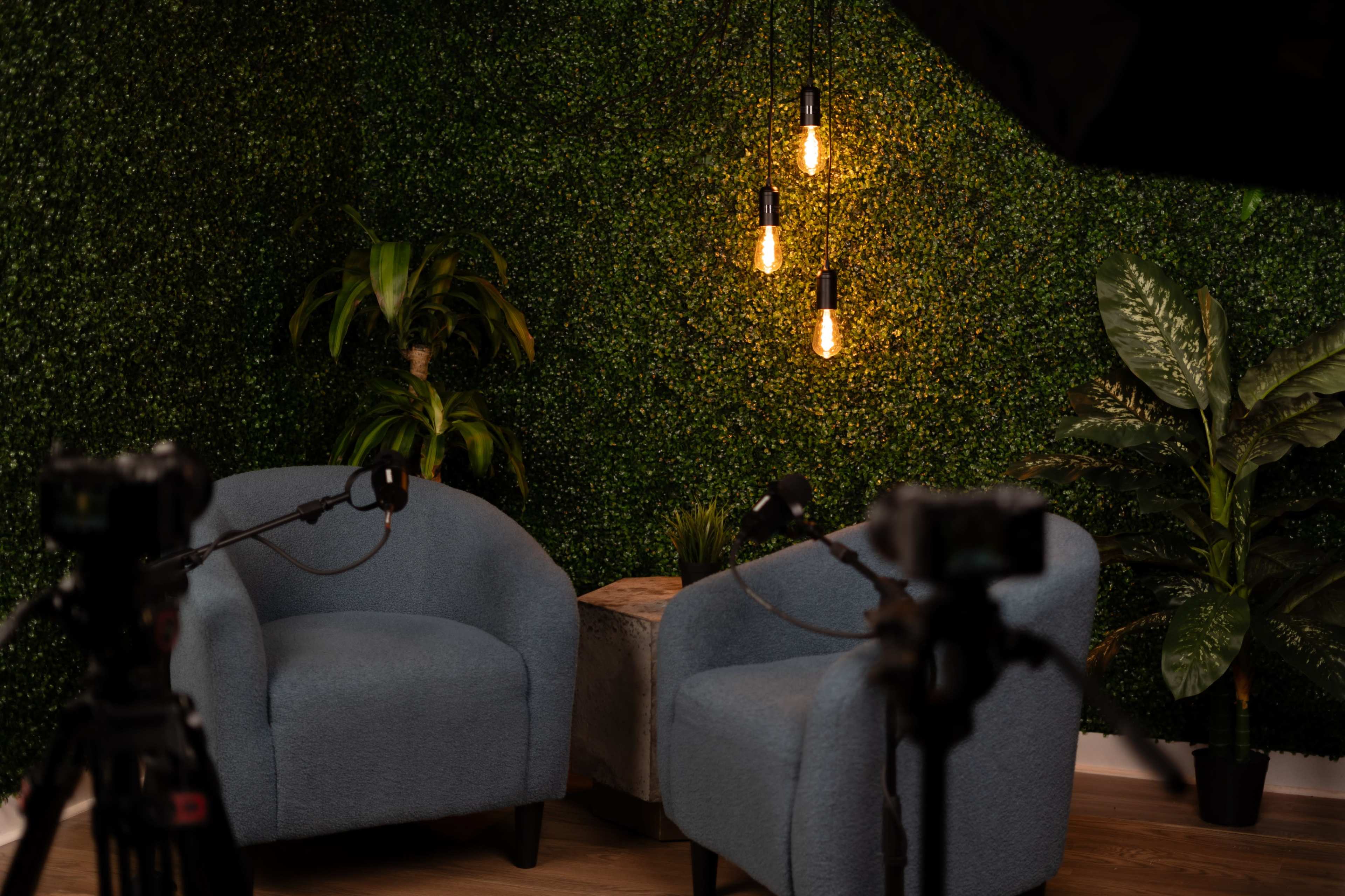 Two blue armchairs opposite each other in a setting with green foliage and pendant lights hanging in the background.