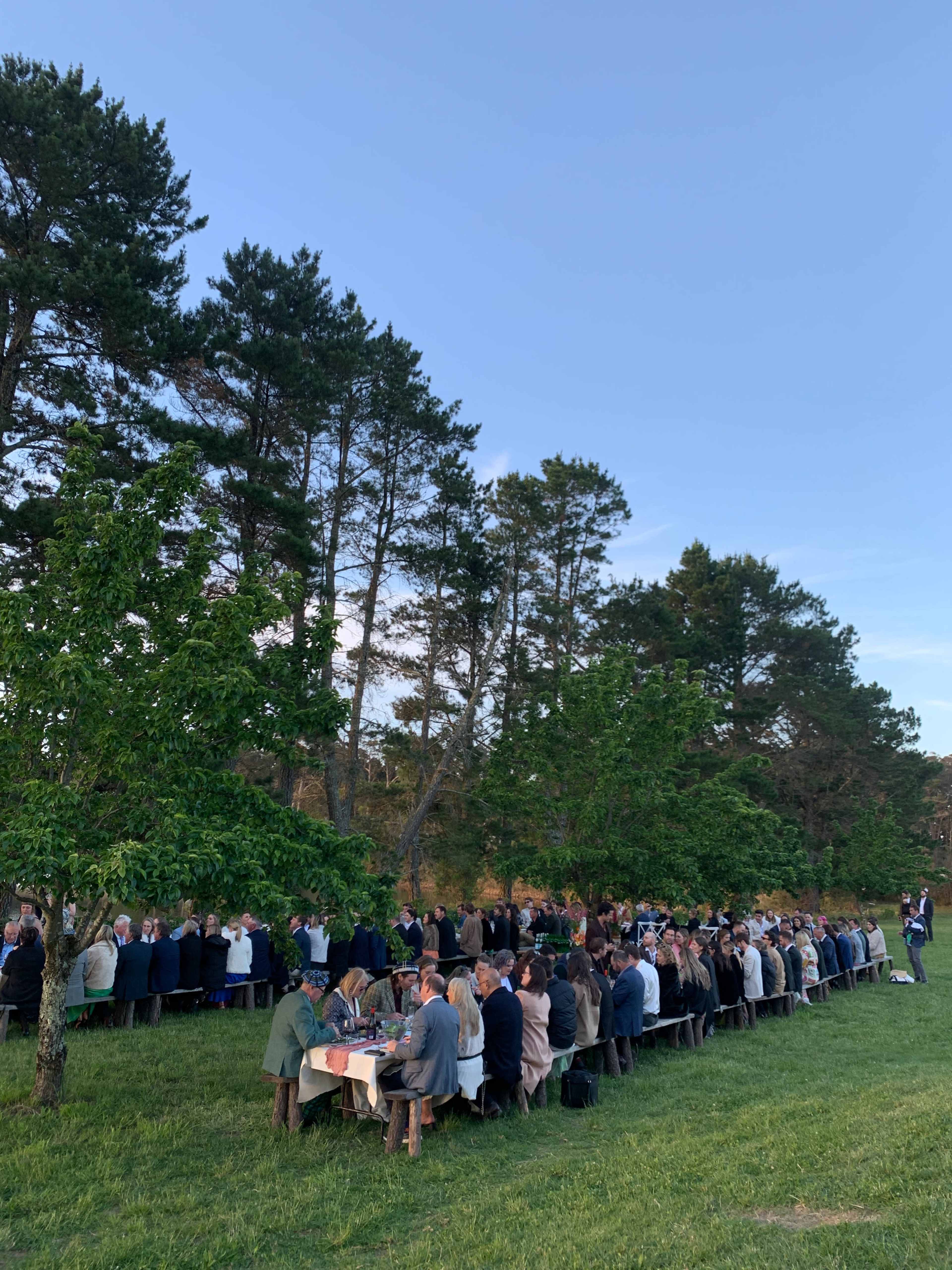 A large group of people is seated at long tables outdoors, surrounded by trees under a clear blue sky.