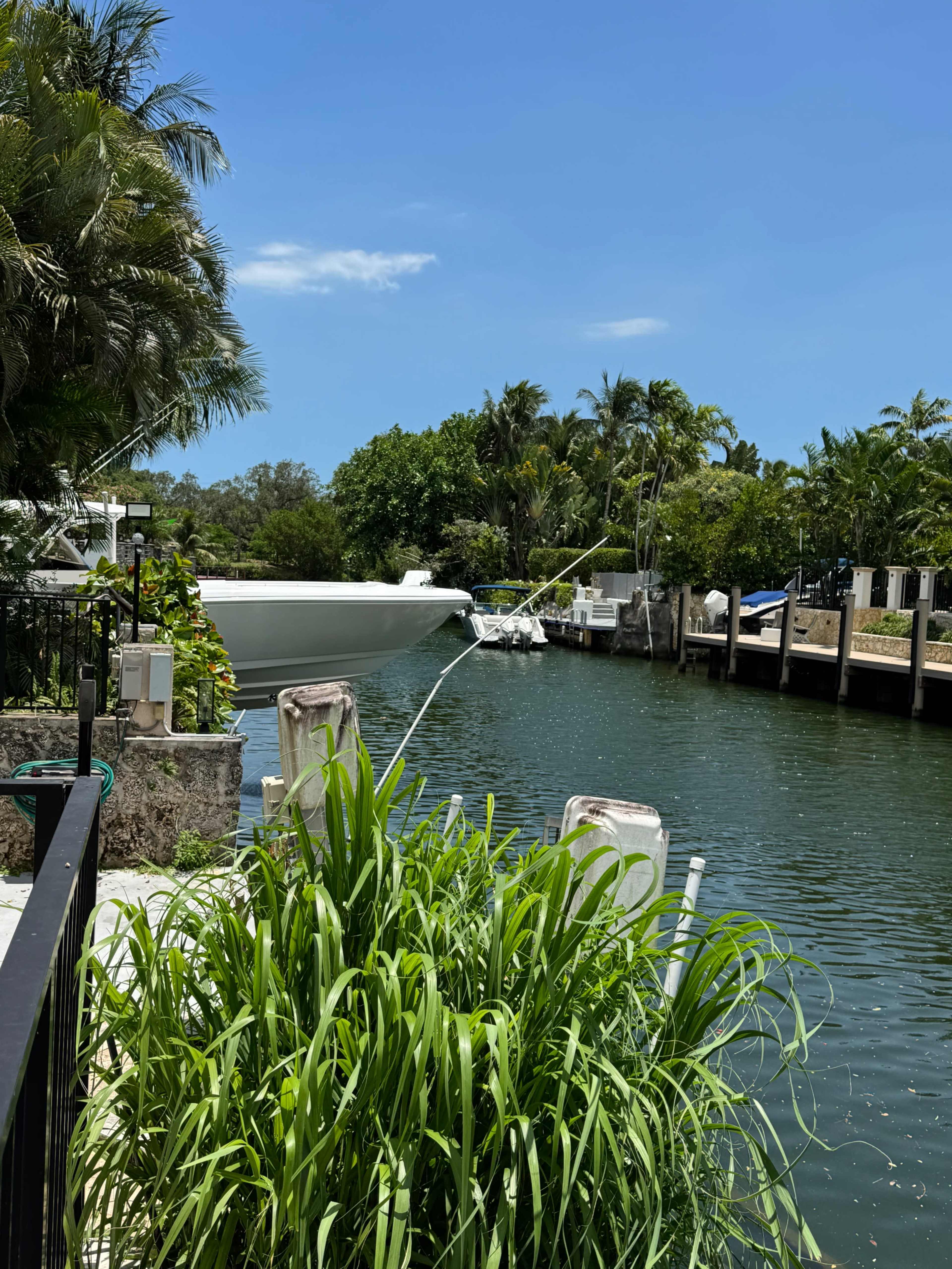 A boat is anchored along a calm canal surrounded by lush greenery and palm trees during a clear day.