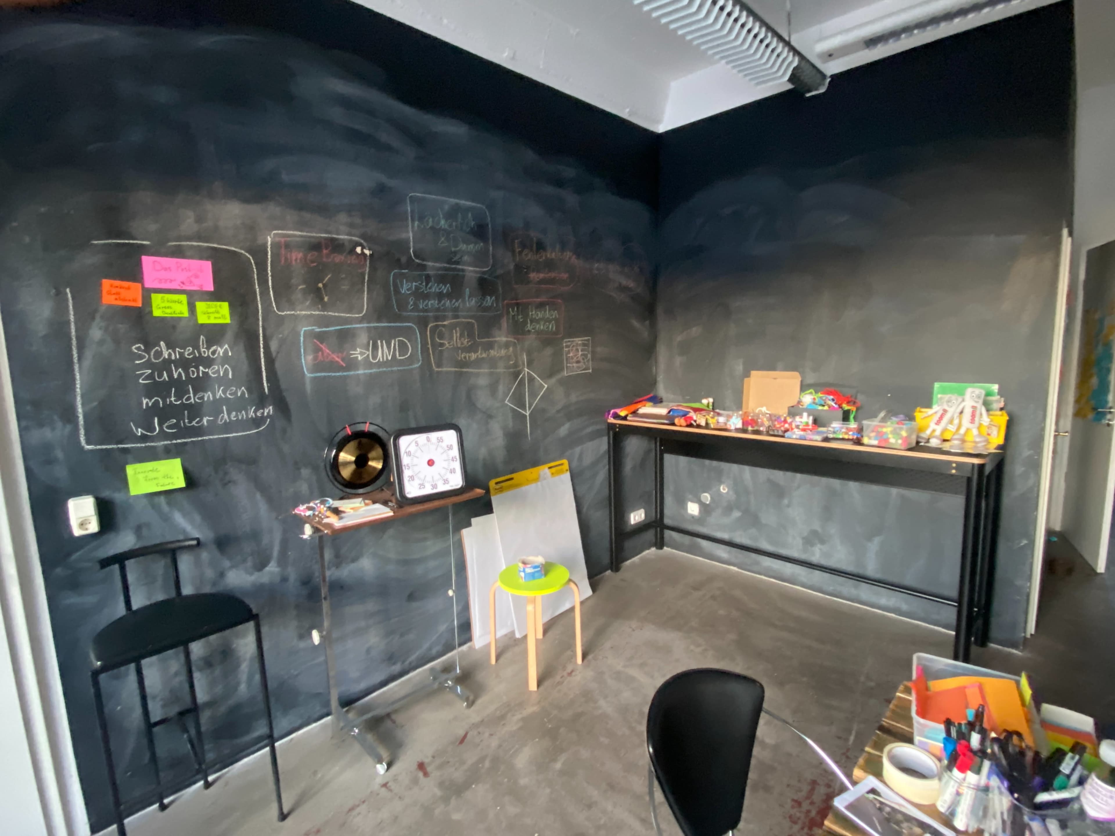 A workspace with black chalkboard walls covered in handwritten notes, a small table with various items, and a chair positioned nearby.