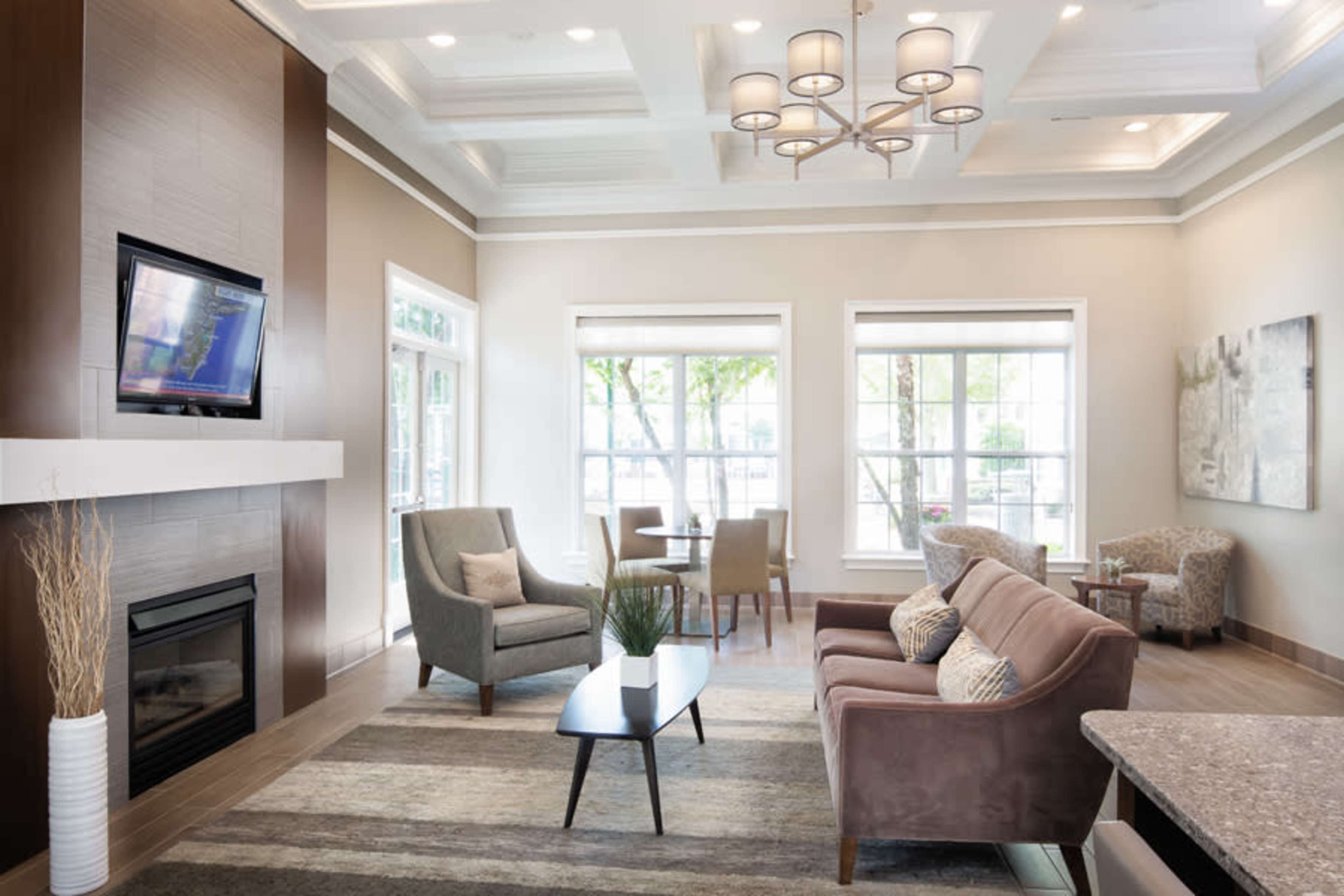 Spacious Clubroom with Fireplace & Plush Seating Image in Florham Park, Florham Park, NJ