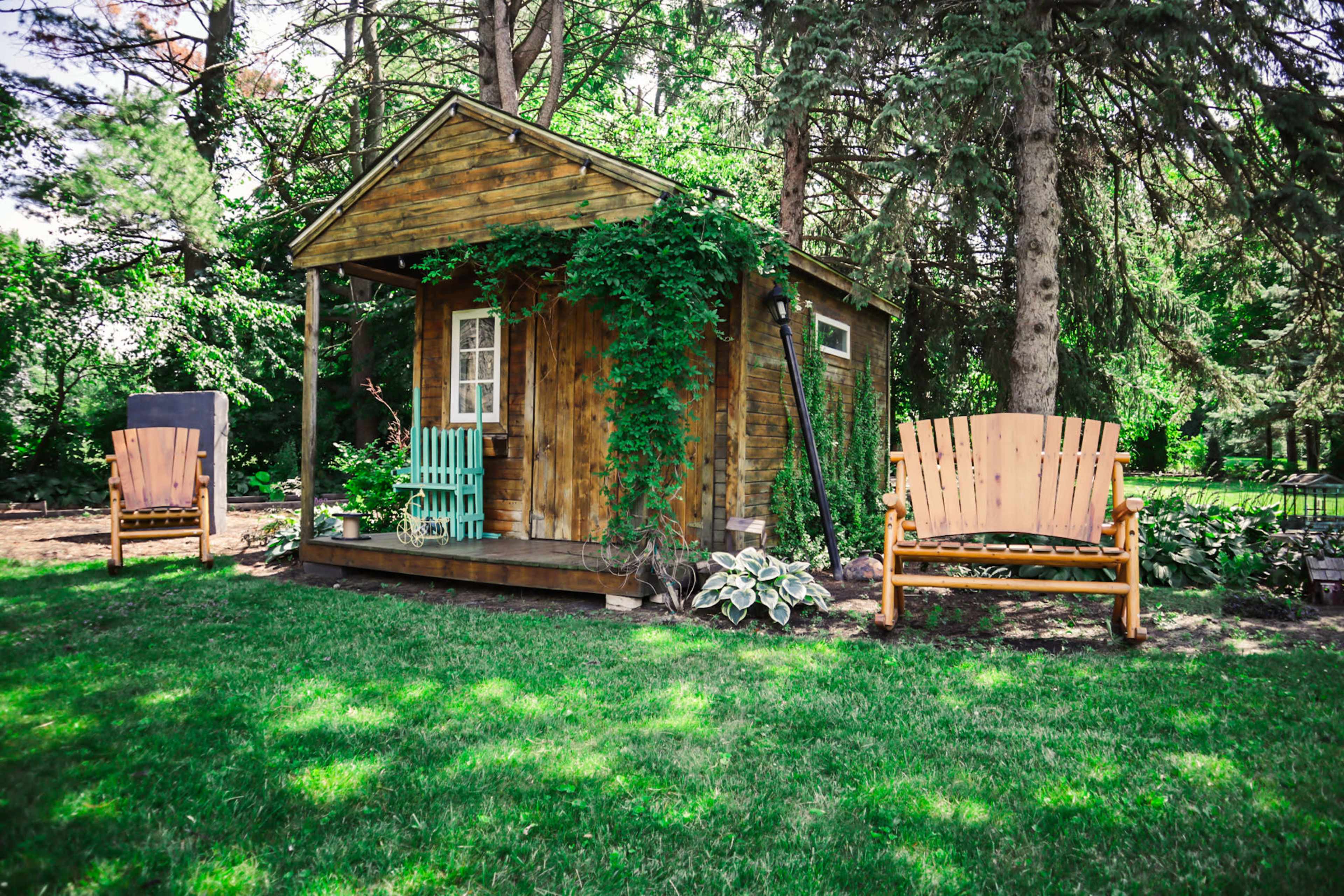 A small wooden shed with a green vine covering one side is flanked by two wooden chairs in a grassy area surrounded by trees.