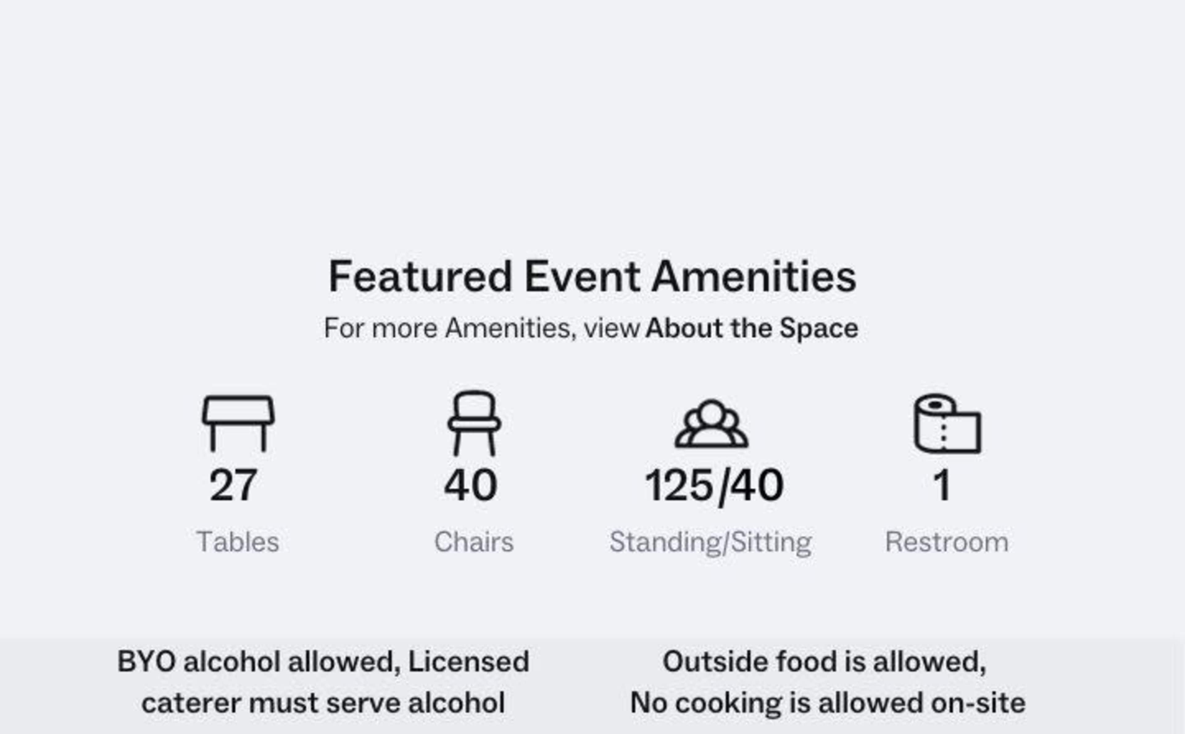A list of featured event amenities, including the number of tables, chairs, capacity, and restroom availability.