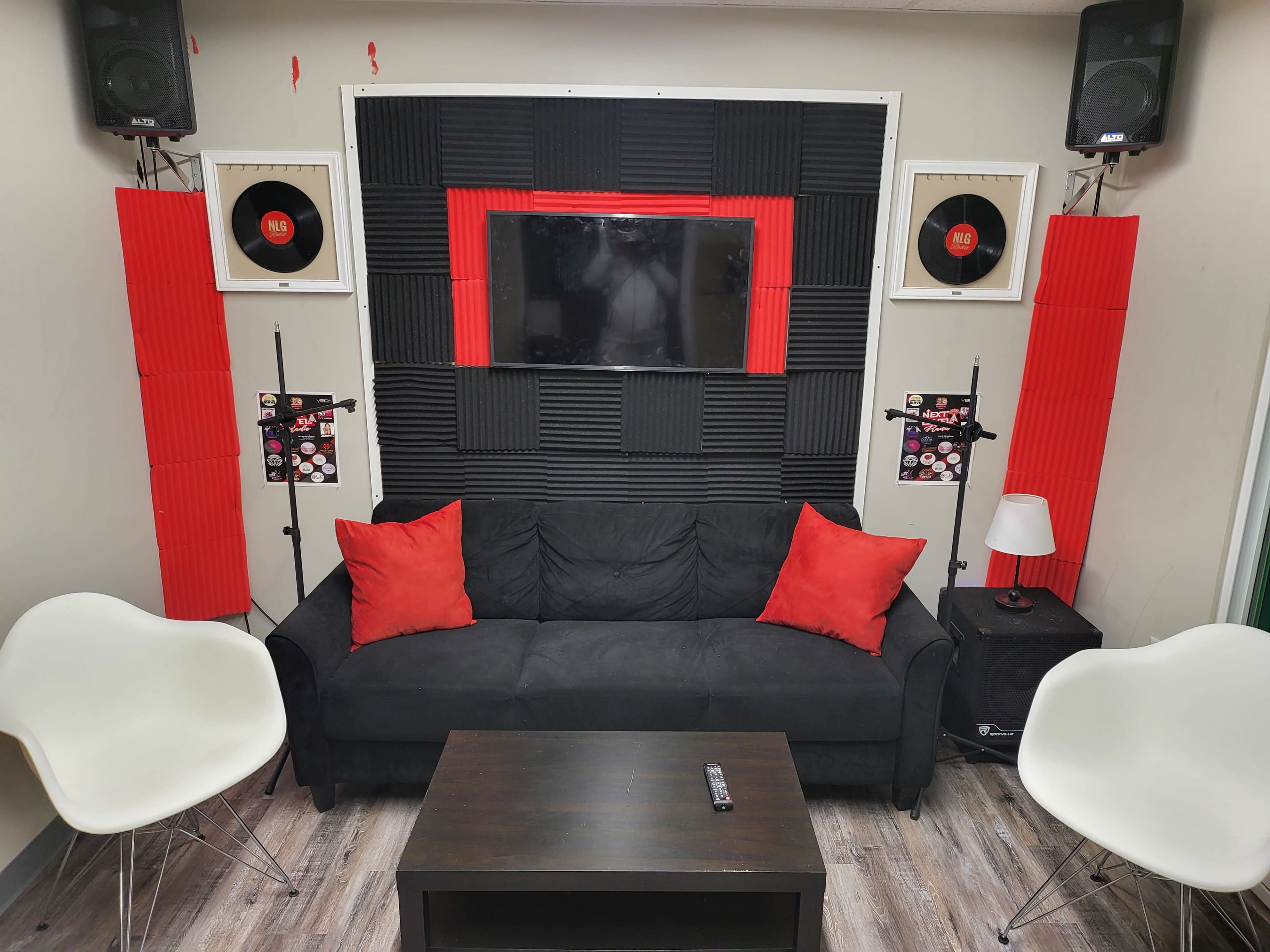 The image shows a modern lounge area with a black couch, red accent pillows, and a wall decorated with black acoustic panels and vintage record displays, alongside a television.