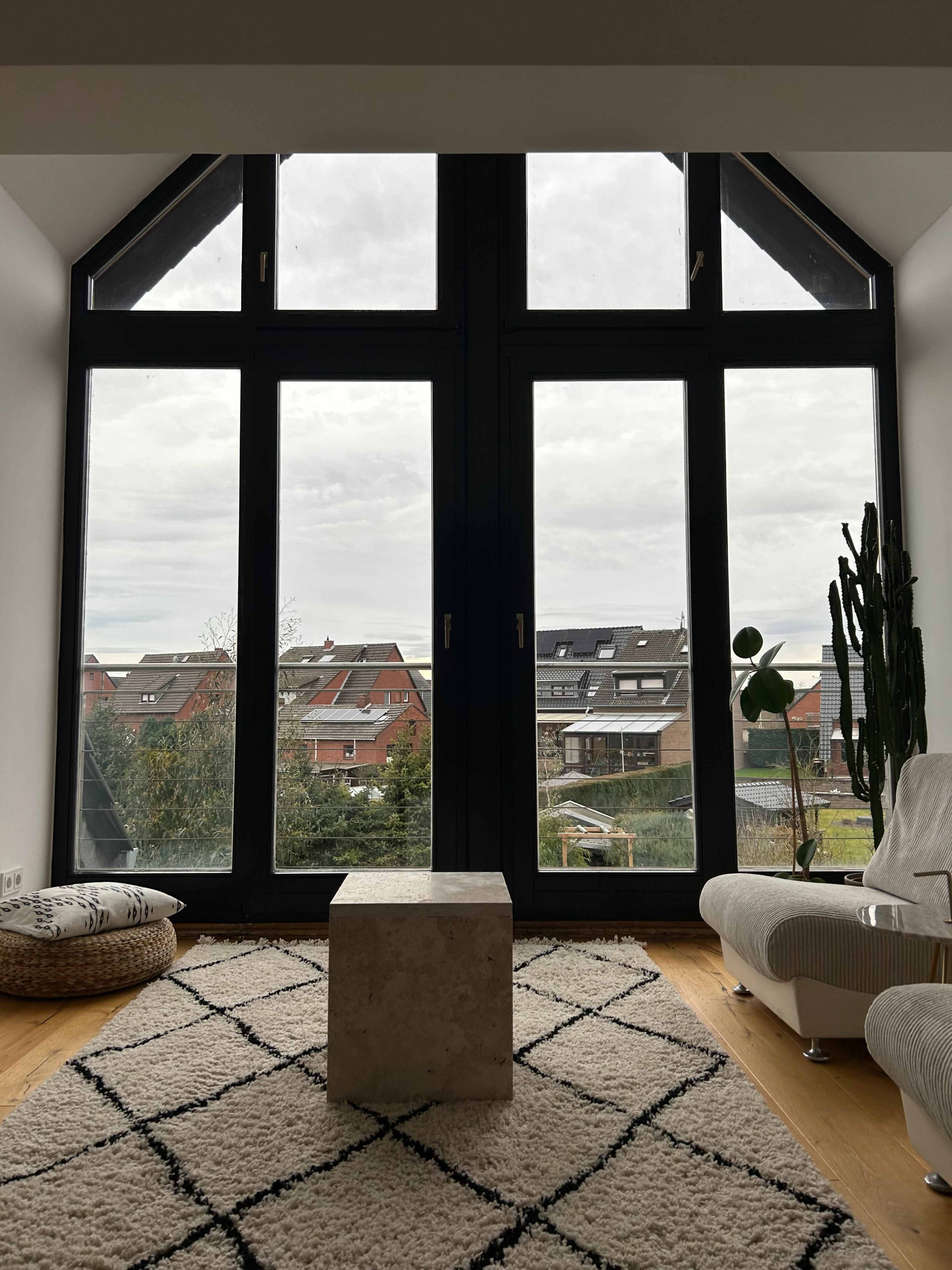 The image shows a modern living room with large windows overlooking suburban houses and greenery.