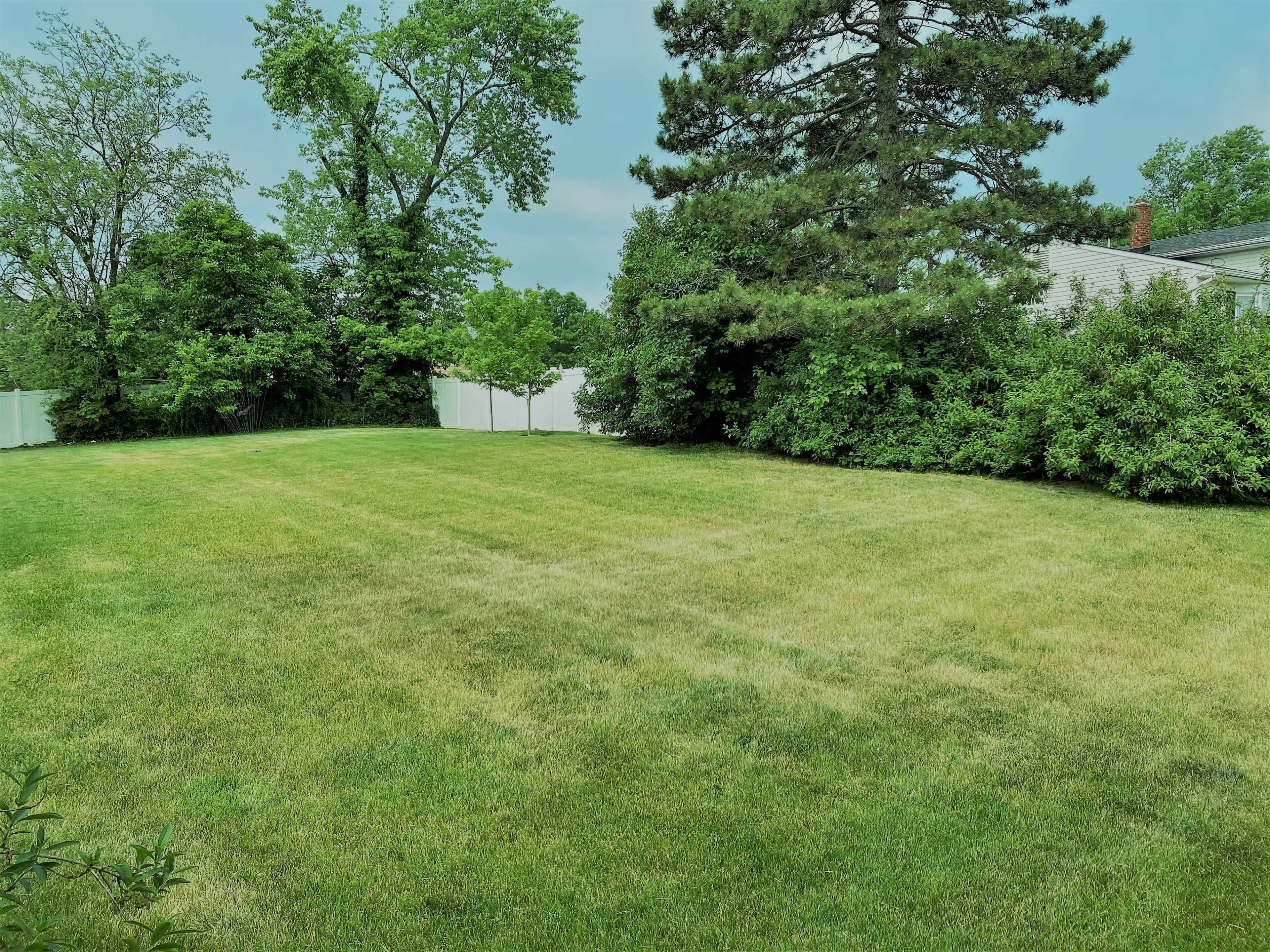 The image shows an expansive lawn with green grass, bordered by trees and a white fence in the background.