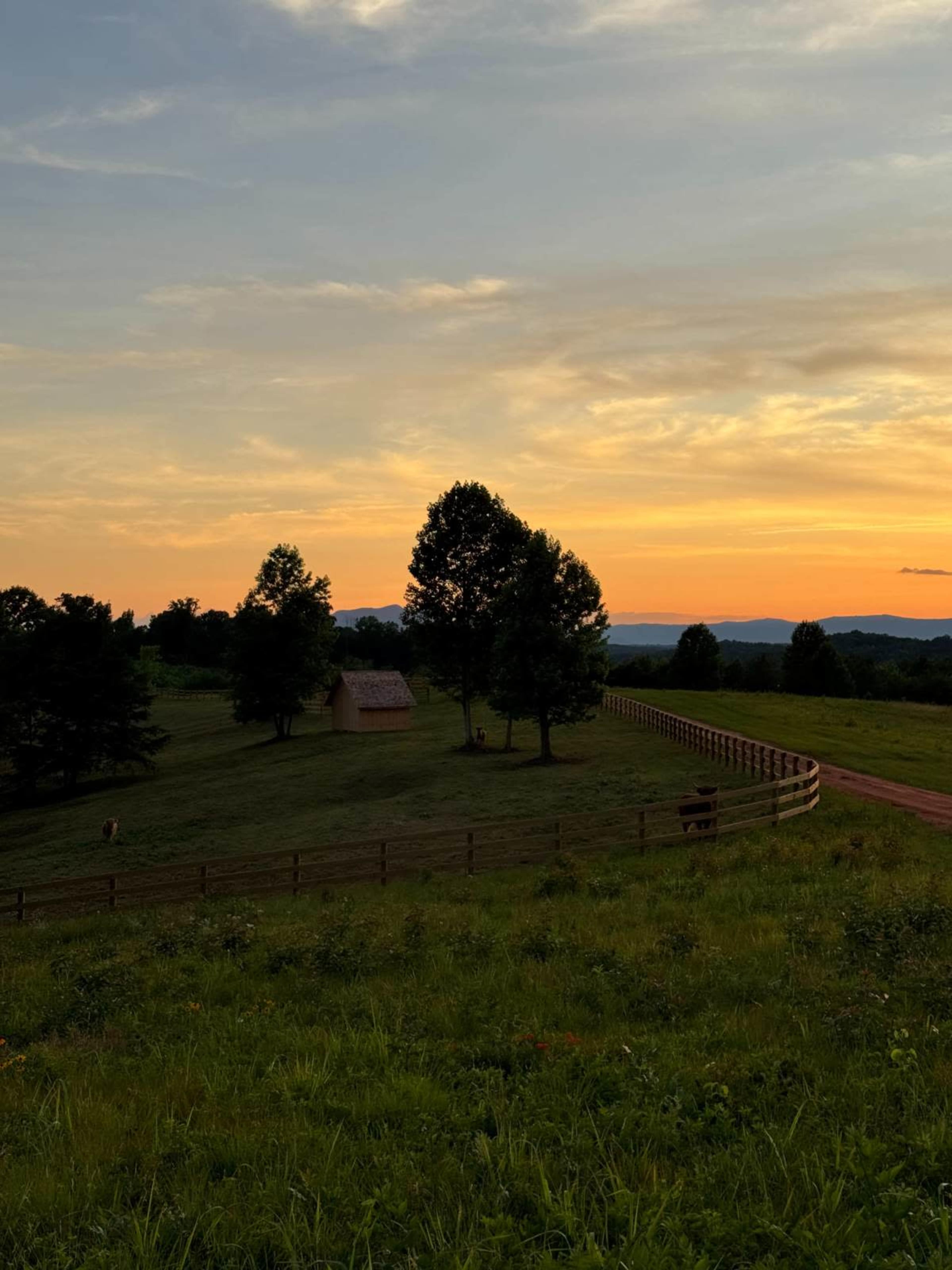 The image shows a picturesque landscape with a small building near a fence, surrounded by trees and a vibrant sunset in the background.