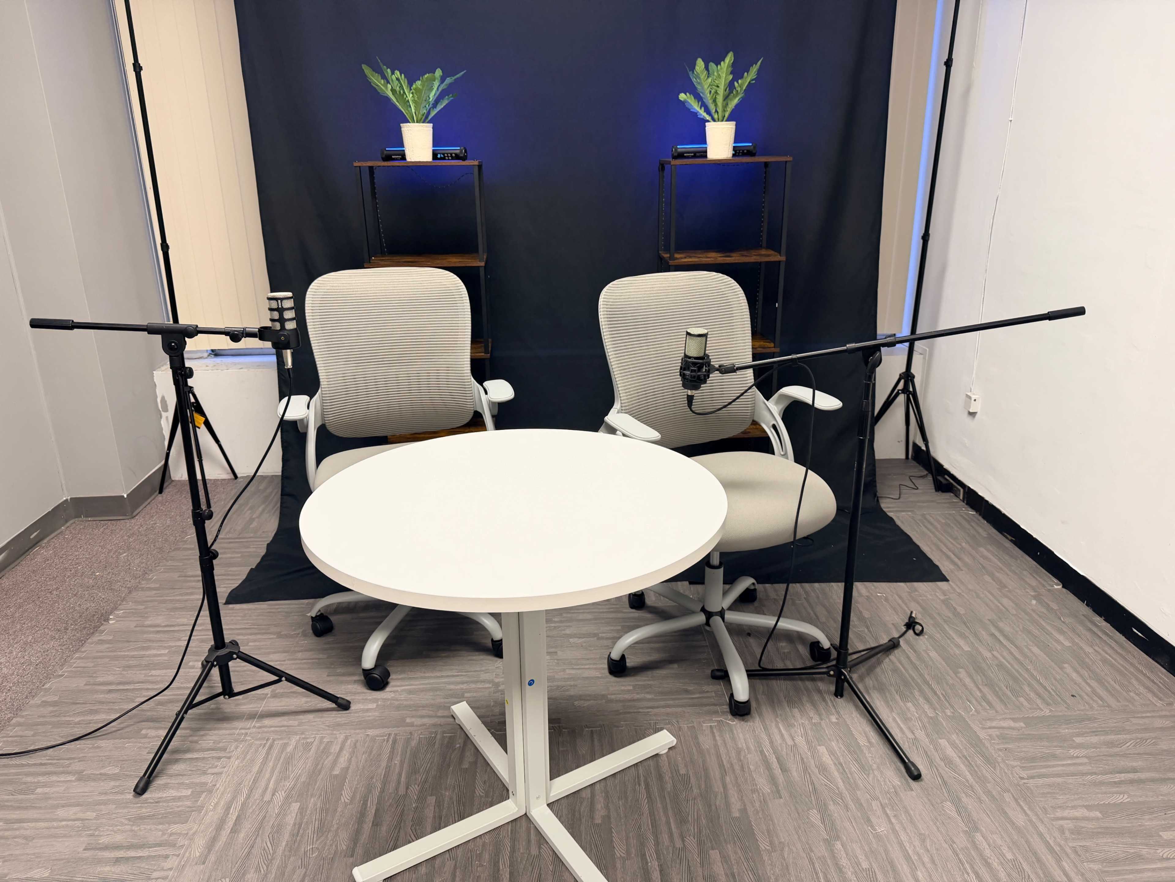 The image shows a minimalistic podcast or interview setup featuring two chairs with microphones, a small round table, and a dark backdrop with potted plants on shelves.