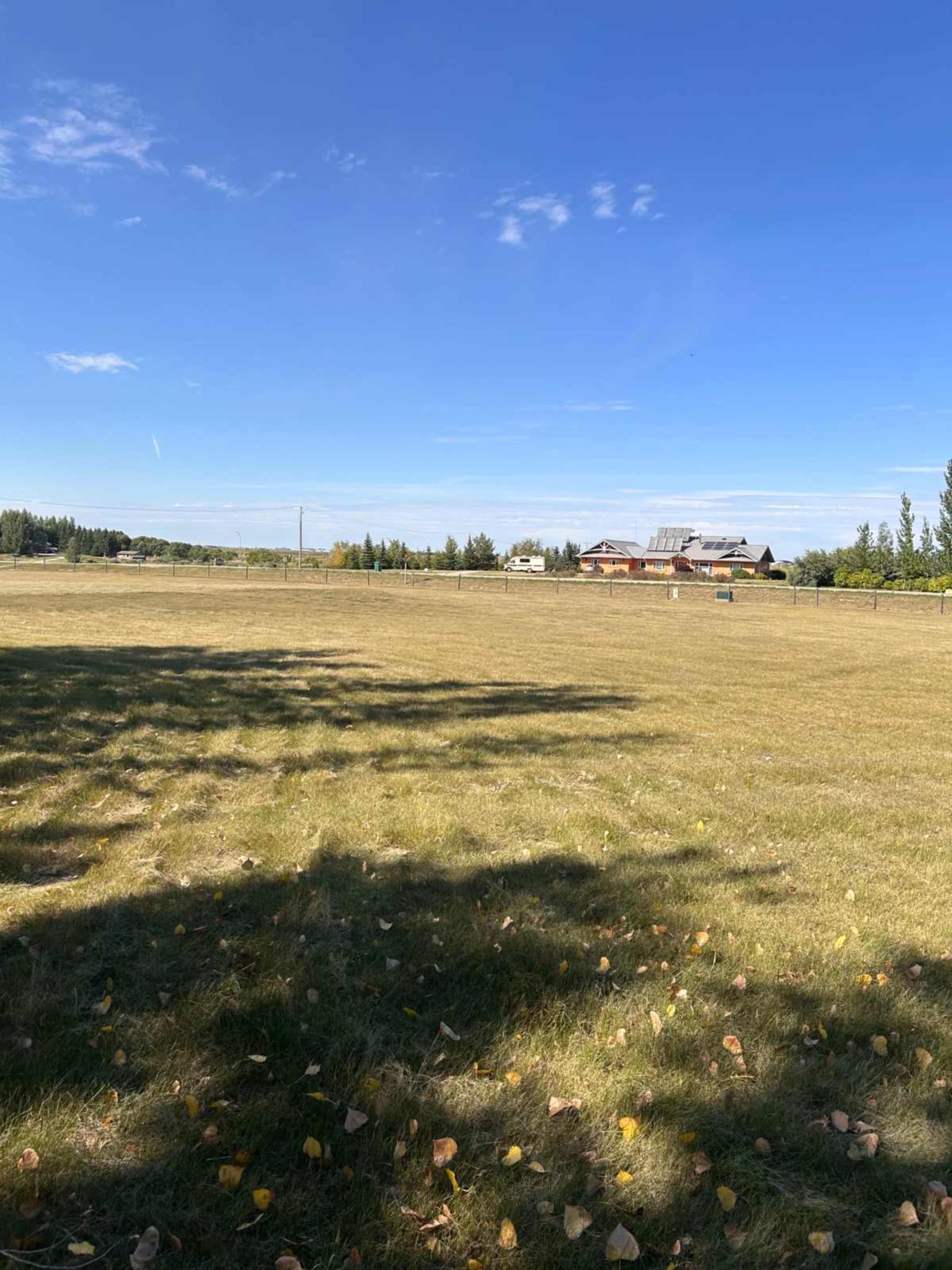 The image shows a grassy field under a clear blue sky, with a house visible in the background.