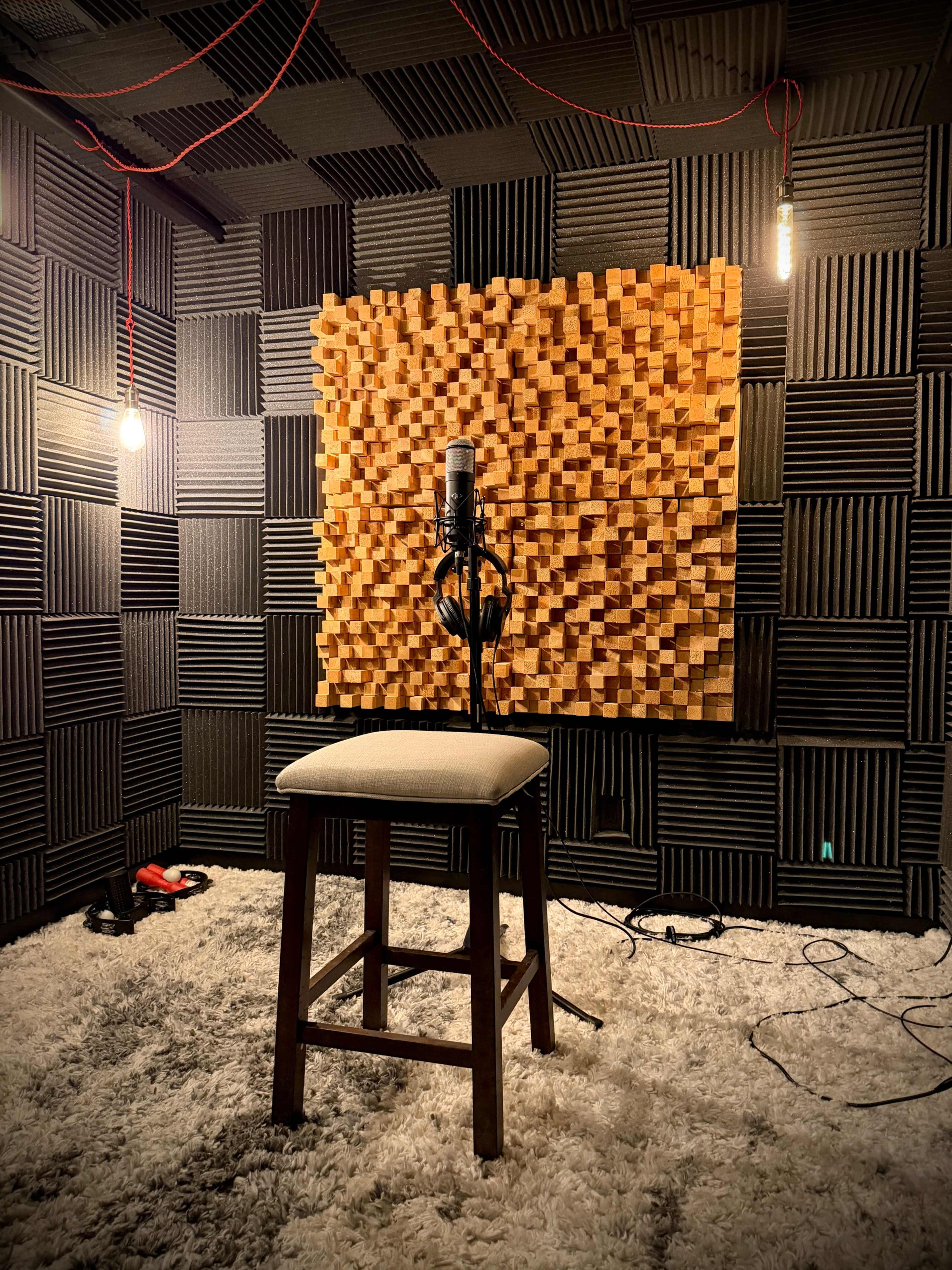 A microphone is positioned on a stand in front of a wooden acoustic panel, with a stool nearby in a soundproofed recording studio.