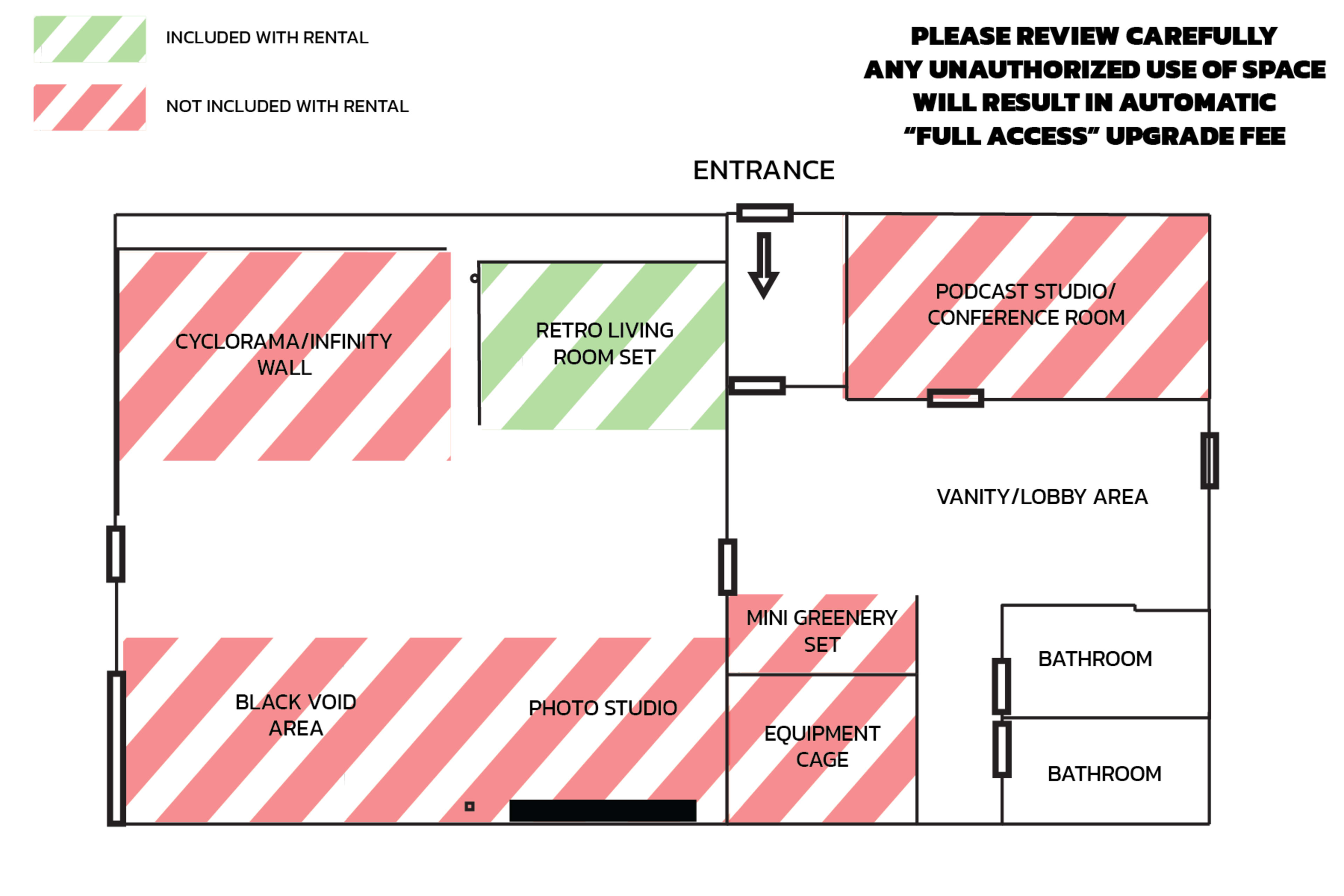 A floor plan of a rental space with designated areas marked for different functions, including a podcast studio, photo studio, and various other sections, with notes indicating what is included or not included with the rental.