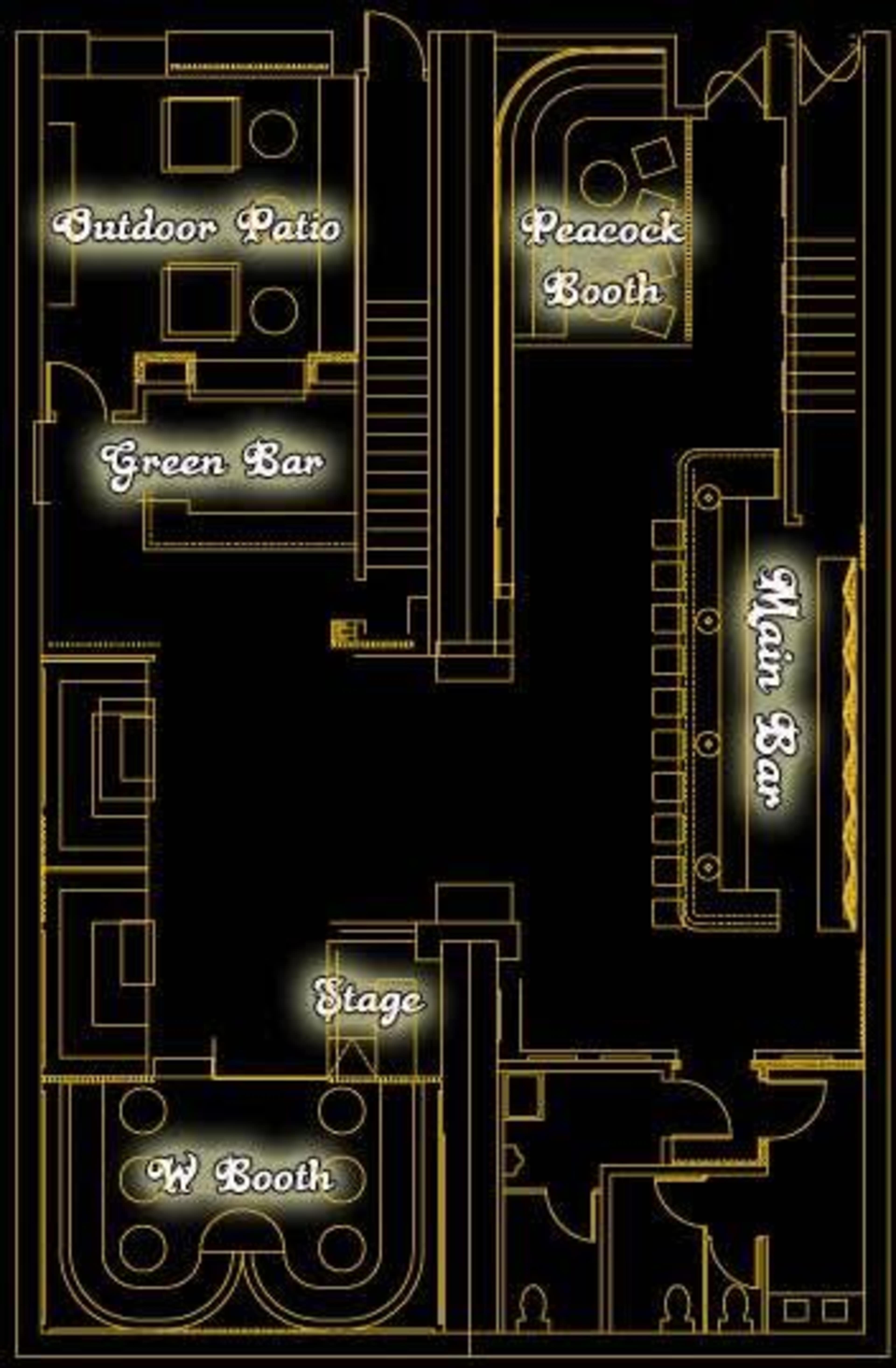 A floor plan of a venue, labeling areas such as the Outdoor Patio, Green Bar, Peacock Booth, Main Bar, Stage, and W Booth.