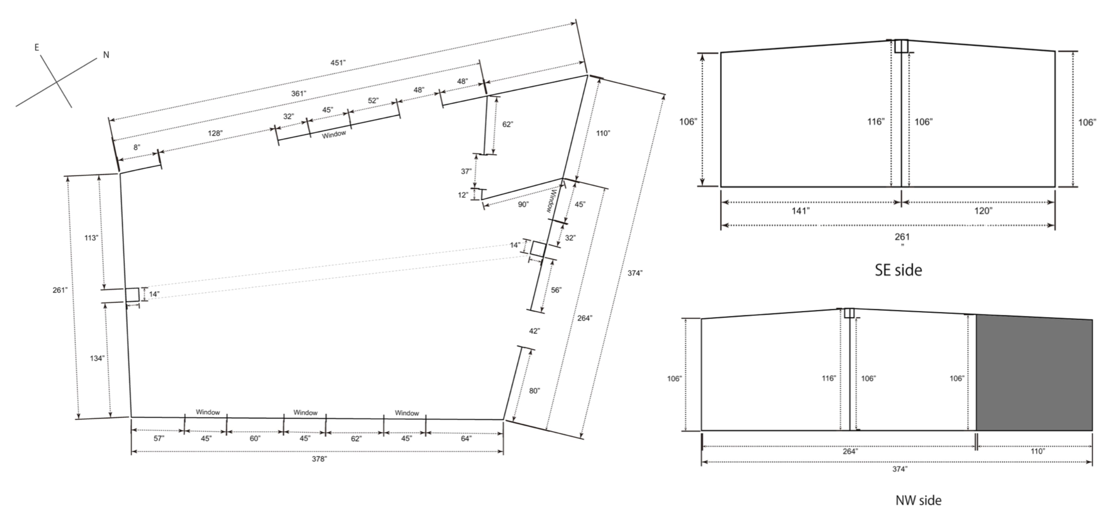 The image shows architectural floor plans and elevations of a building, including dimensions and specific features labeled on the Southeast and Northwest sides.