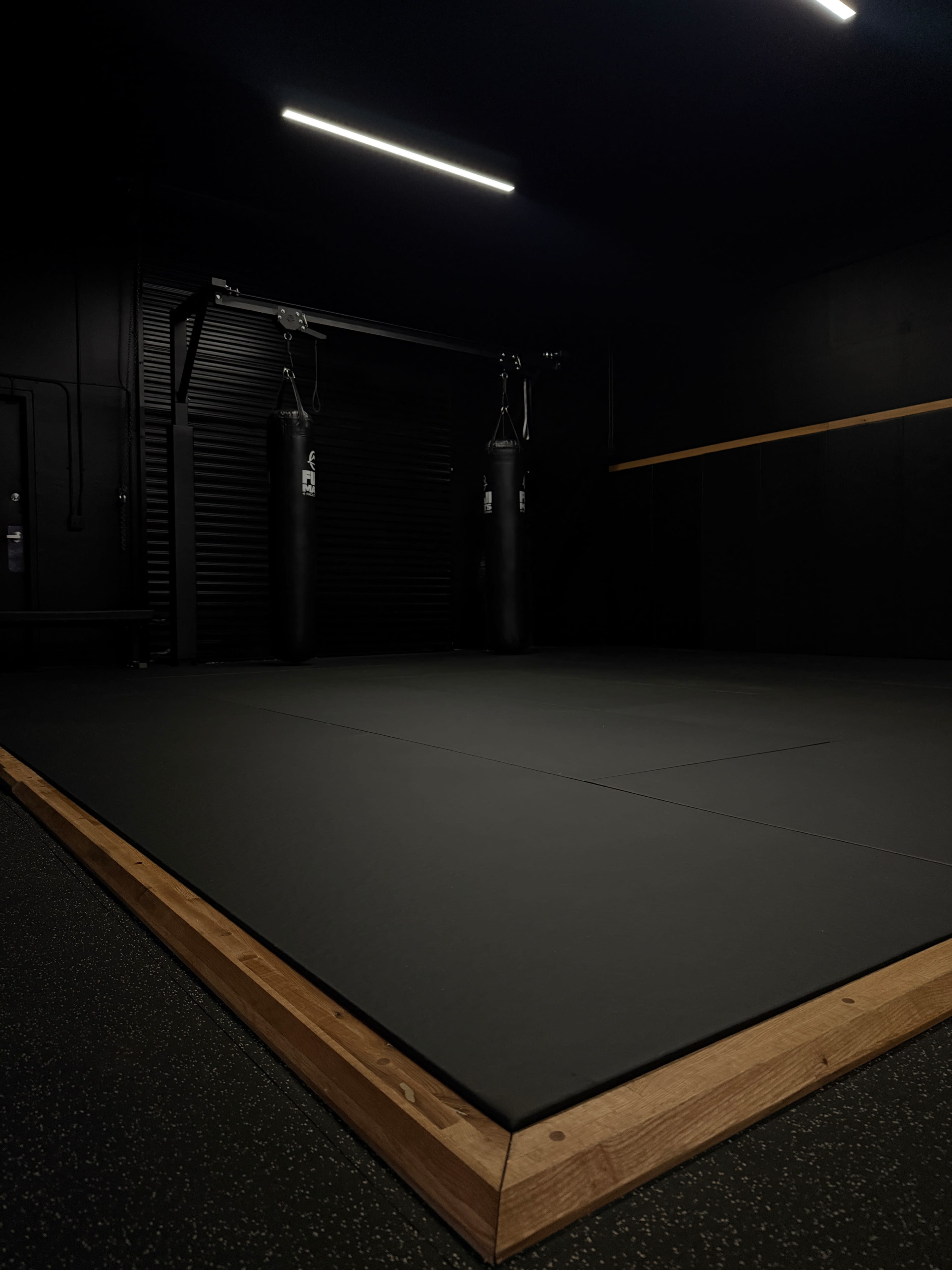 The image shows a dimly lit boxing gym featuring two hanging punching bags and a padded black floor with wooden trim.