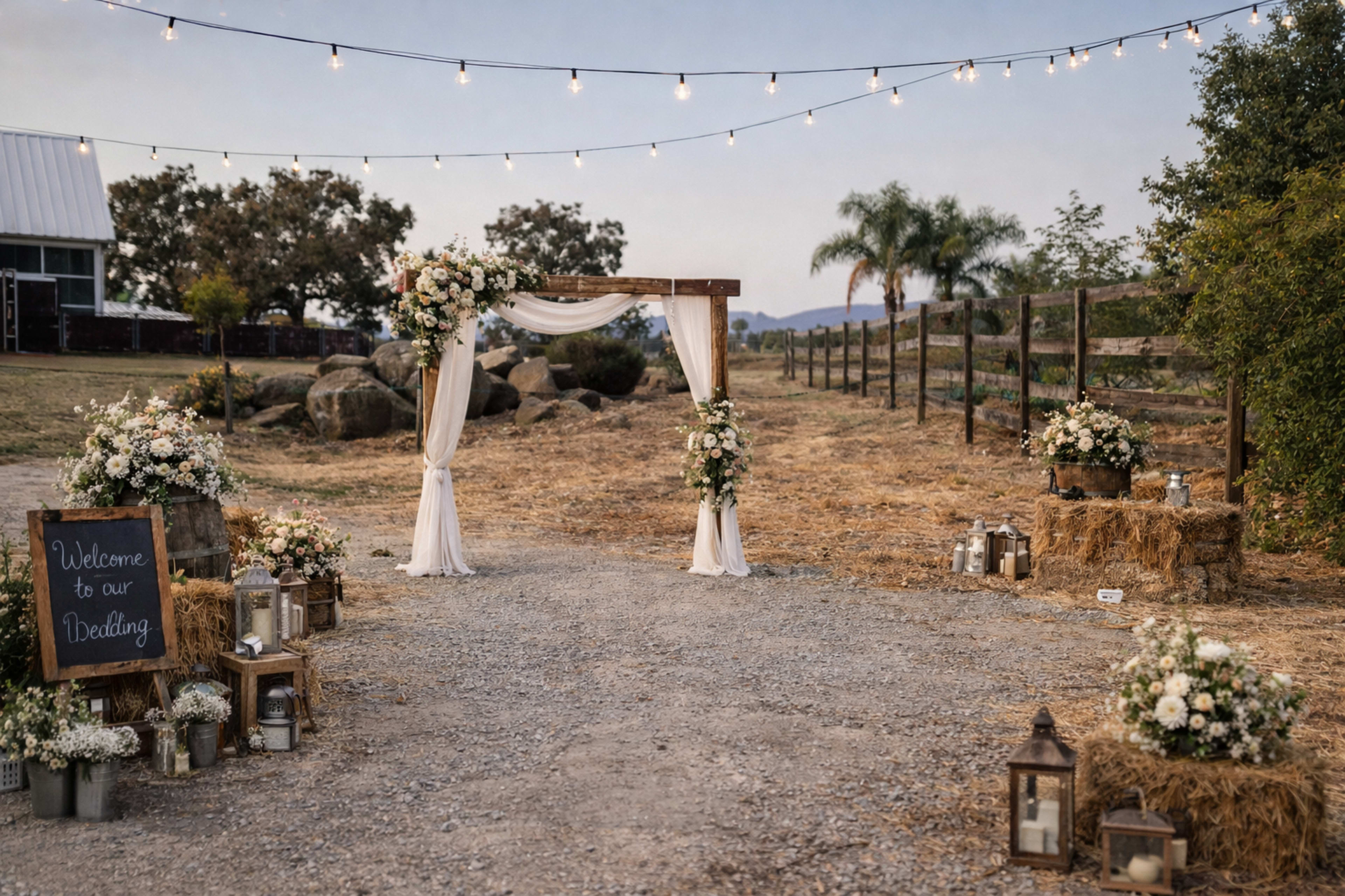 The scene features a decorative wedding arch adorned with flowers, set on a gravel pathway lined with hay bales, lanterns, and signs in an outdoor area surrounded by trees and a fence.