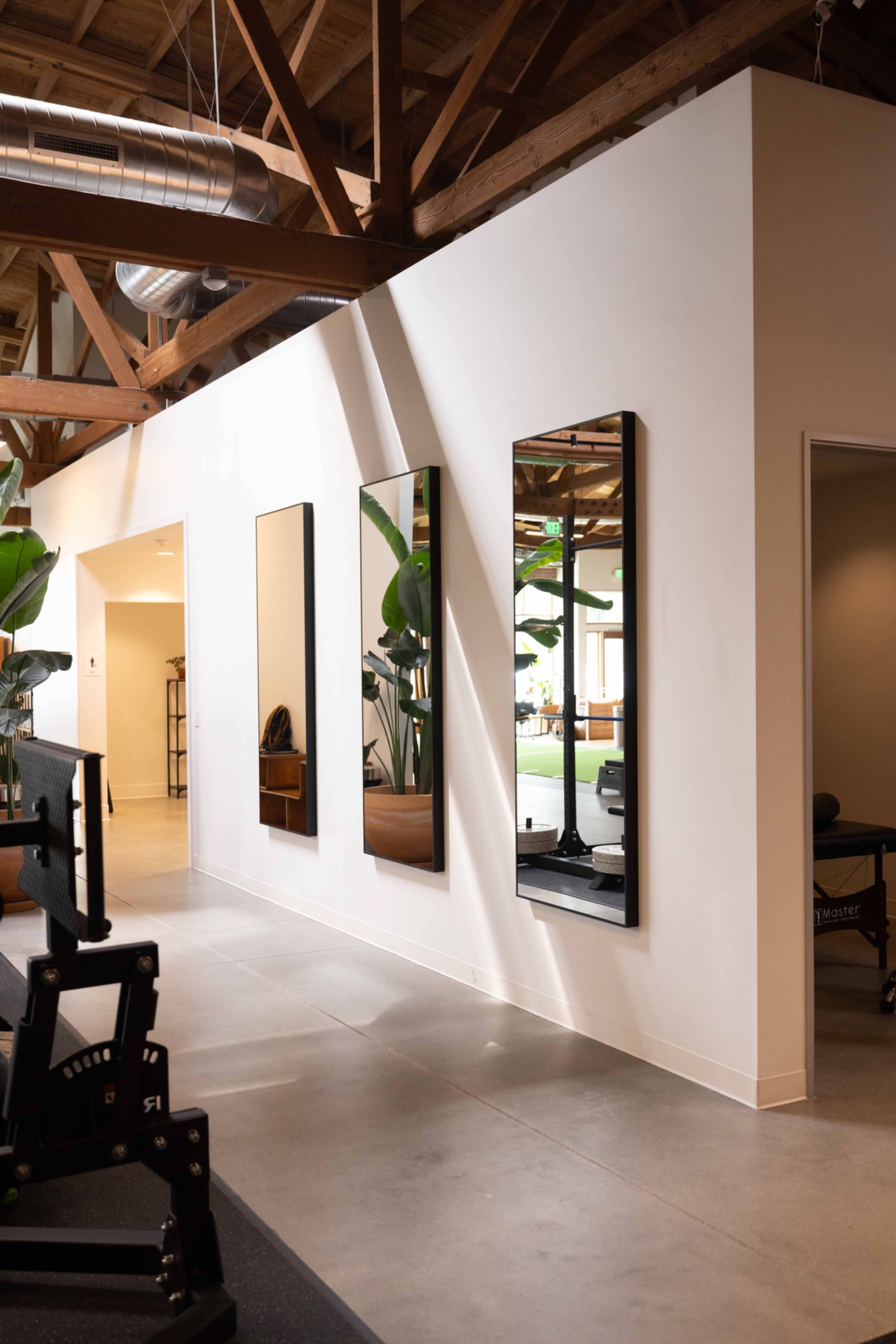 The image shows a modern office space with a plain white wall featuring two tall mirrors and potted plants, and an exposed wooden ceiling above.