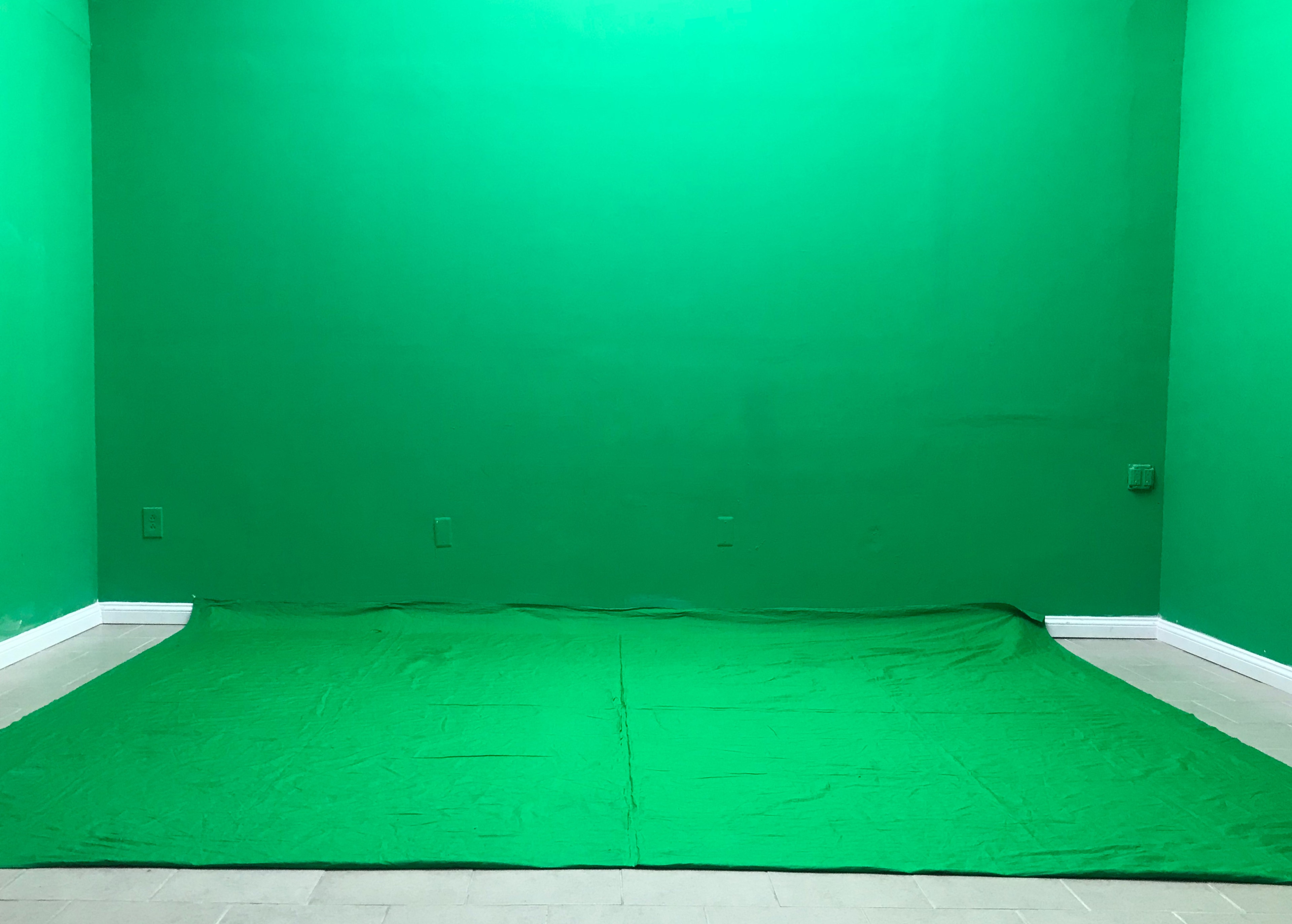 A room with green walls and a green floor covering, creating a uniform green backdrop.