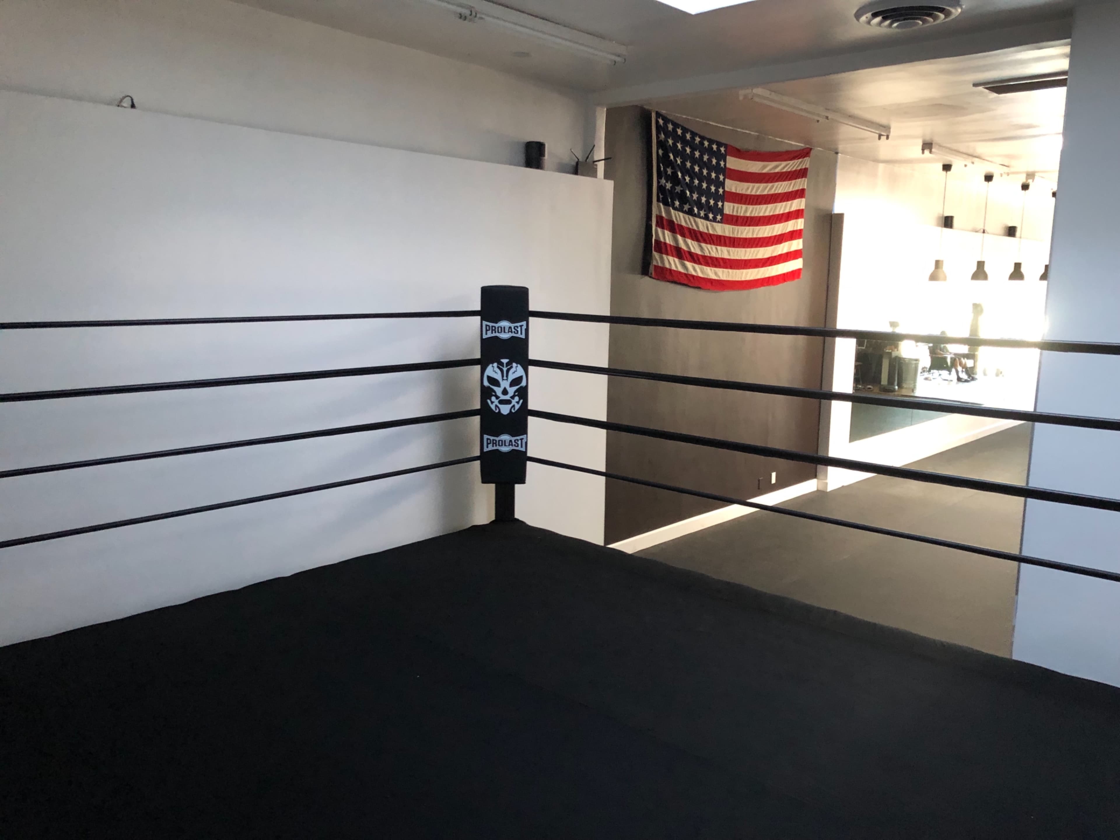 A boxing ring with black ropes and a logo, set against a backdrop of an American flag and an interior space with pendant lights.