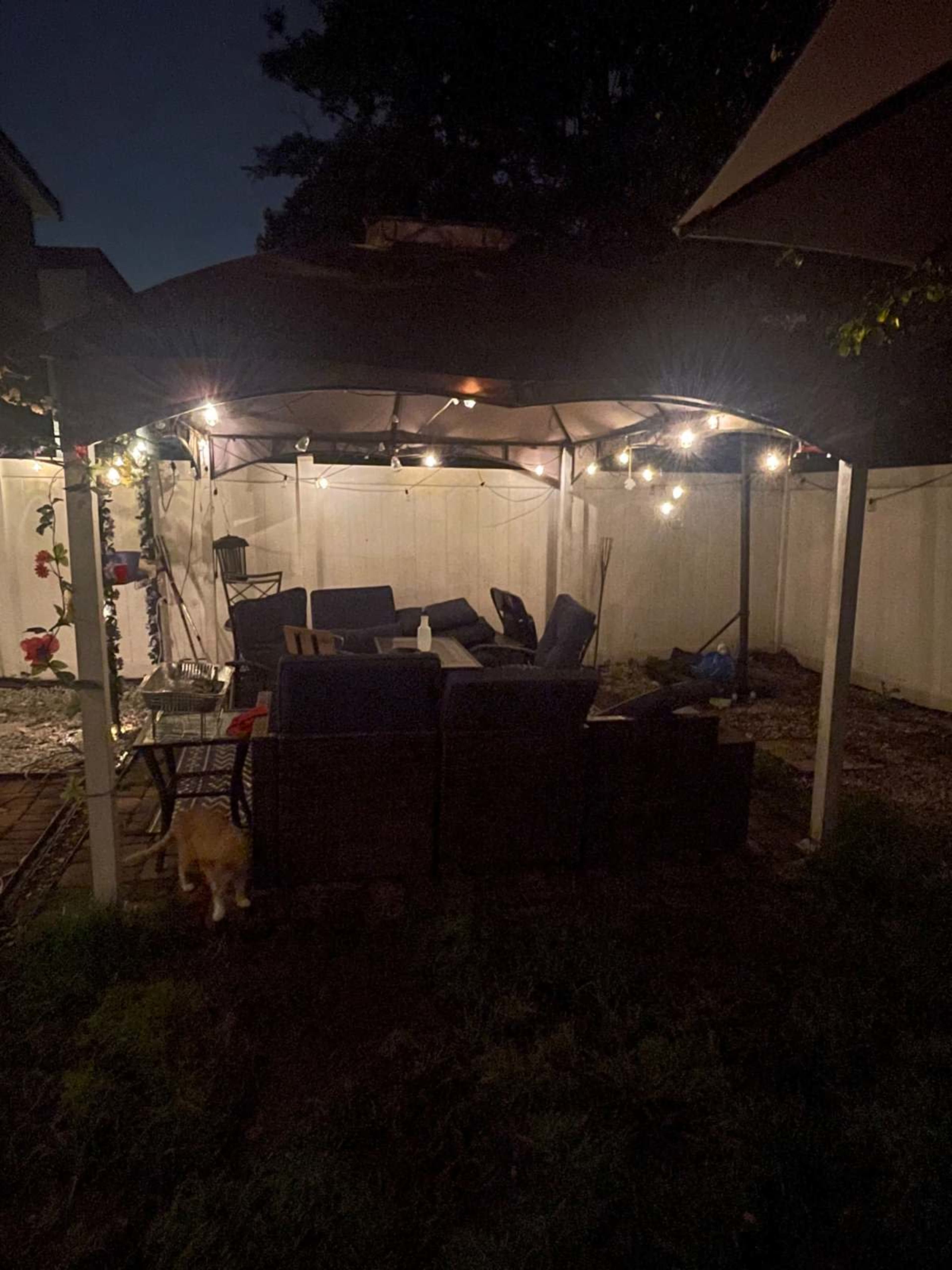 A backyard patio area is illuminated by string lights and features a seating arrangement under a canopy.