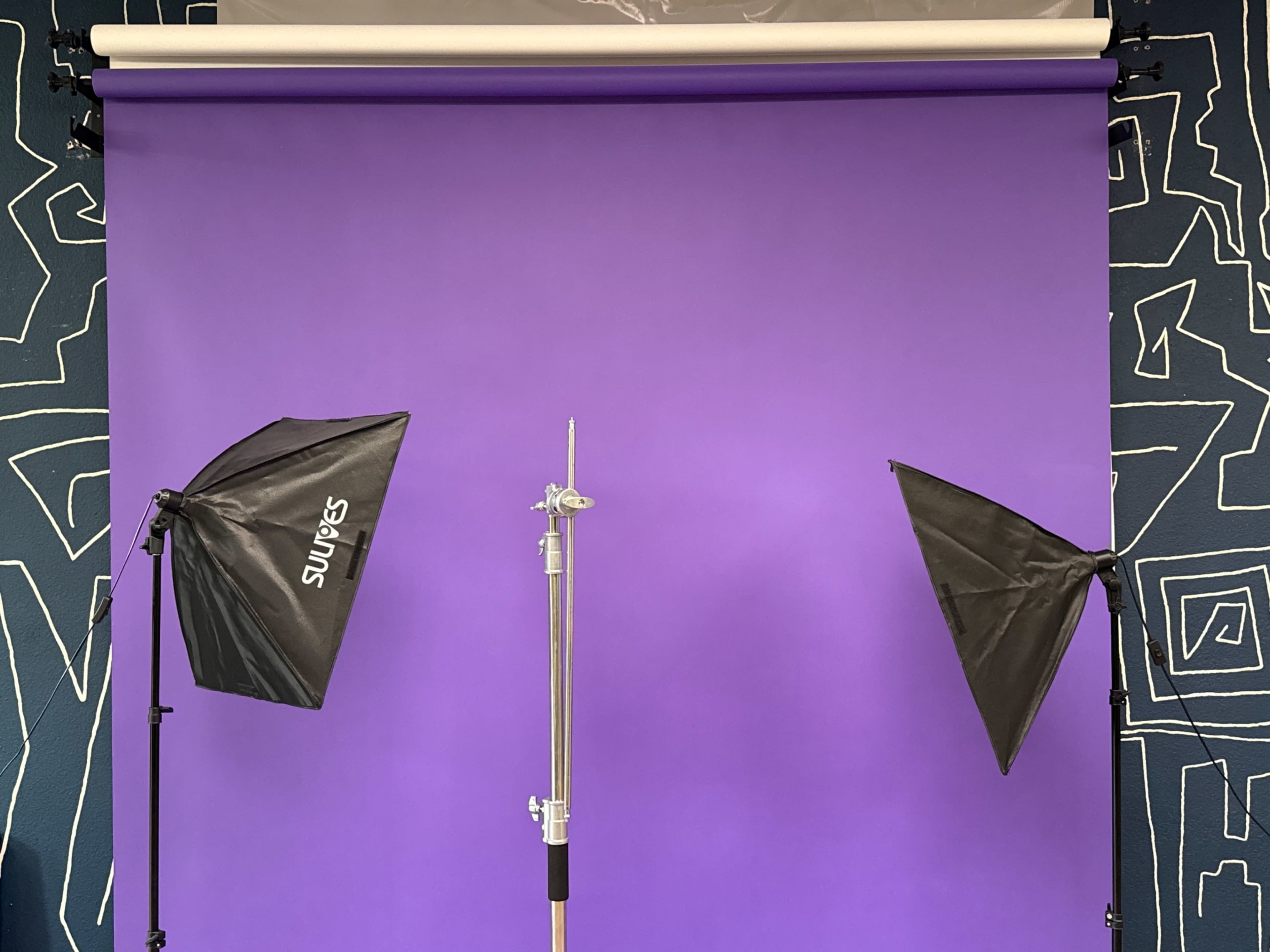 The image shows a studio setup with a purple backdrop and two softbox lights on either side.