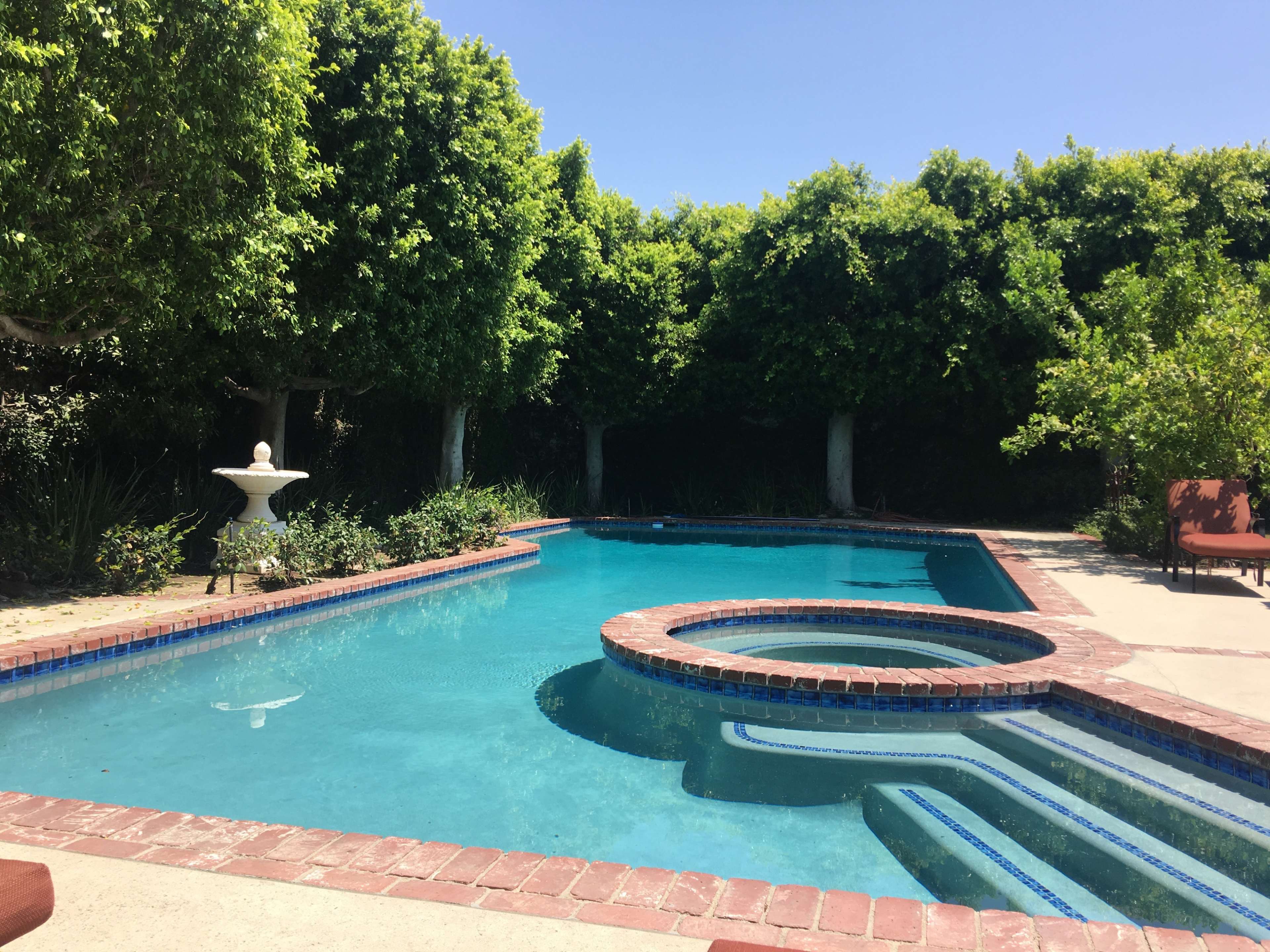 The image shows a swimming pool with a brick-lined circular hot tub, surrounded by lush green trees and a patio area.
