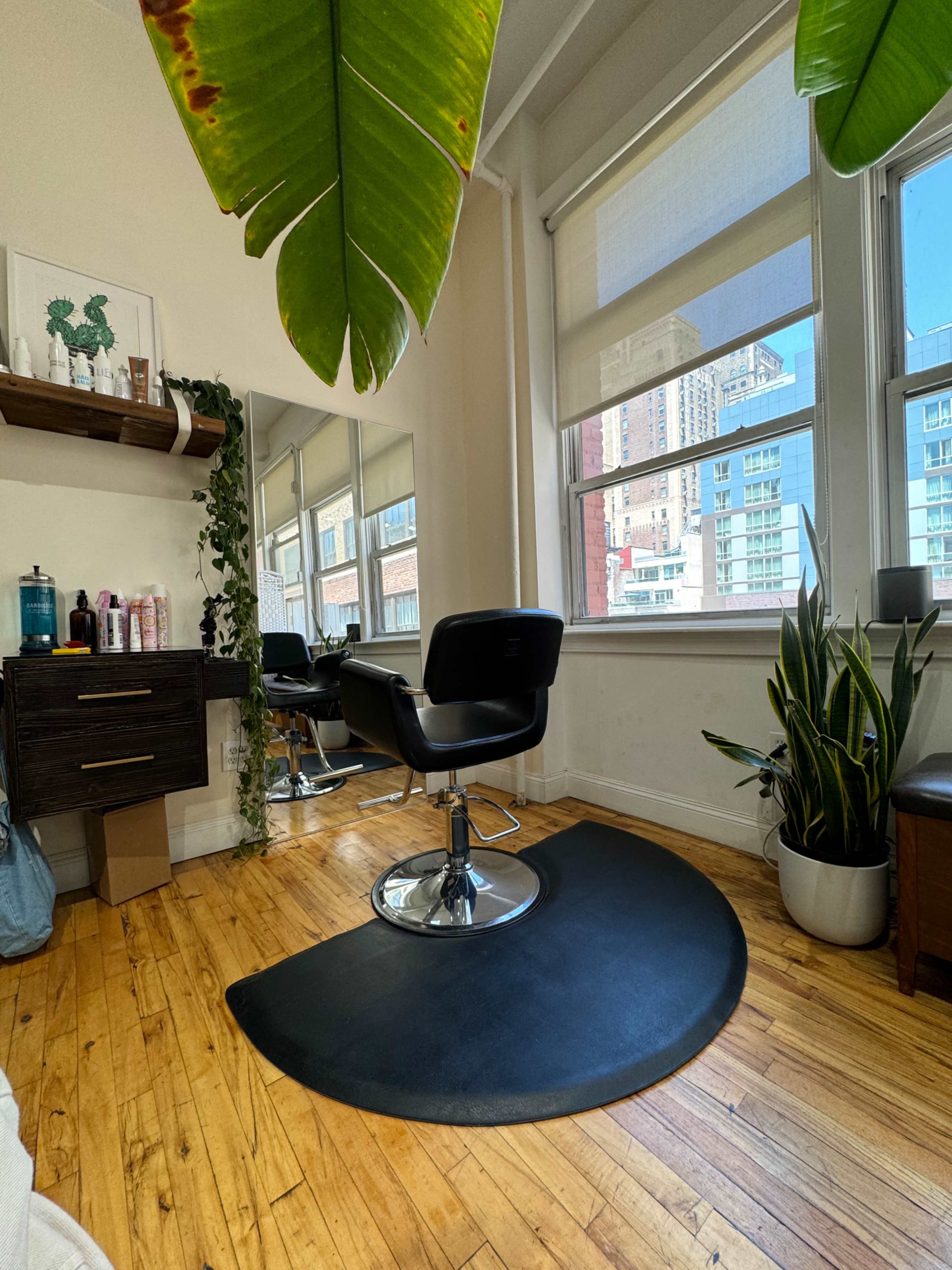 A hair salon space features a black salon chair on a circular mat, with large windows allowing light to enter and plants decorating the area.
