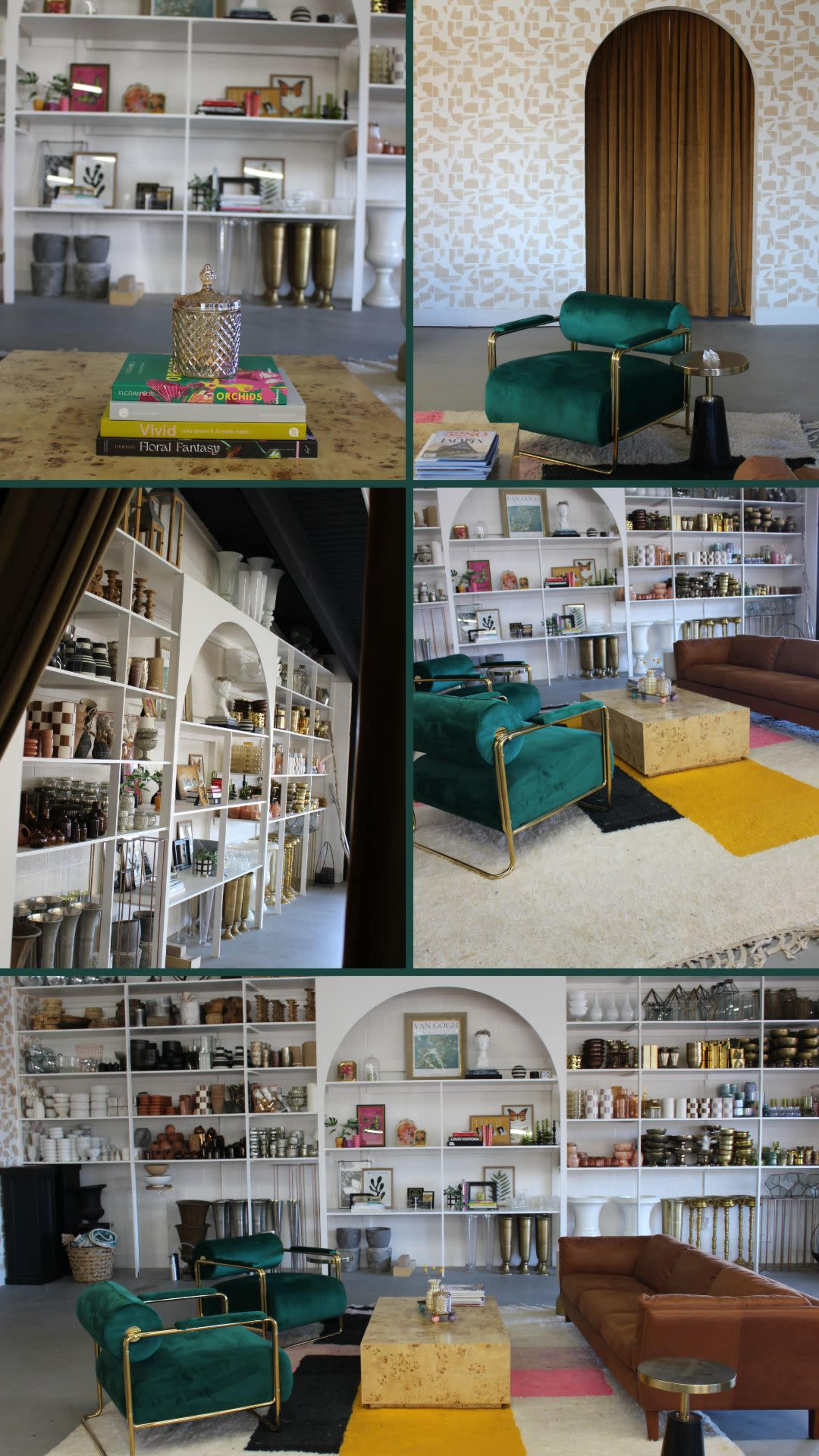 The image showcases a stylish interior with a bookshelf filled with kitchenware, decorative items, and two distinct seating areas featuring green and brown chairs, complemented by a yellow and white rug.