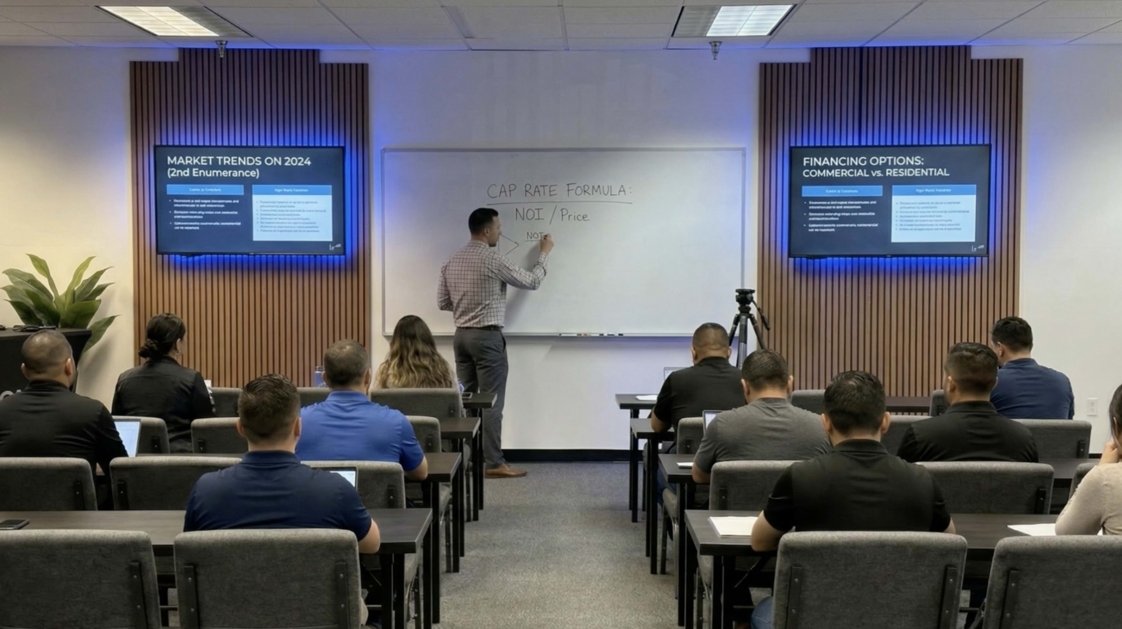 A group of individuals in business attire are seated in a conference room, attentively watching a presentation on market trends and financing options, while a speaker writes on a whiteboard.