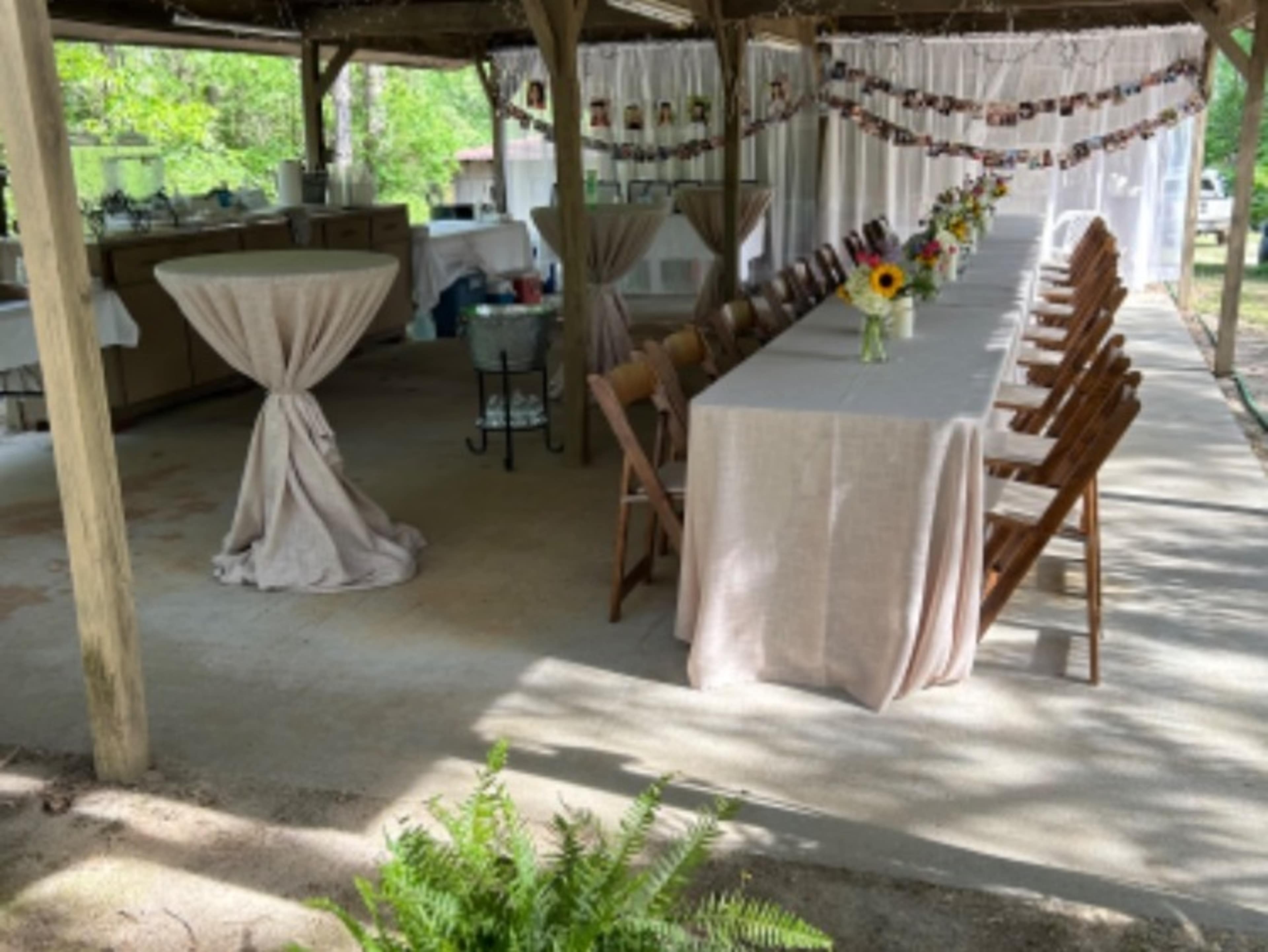 Banquet table, chairs & linens.