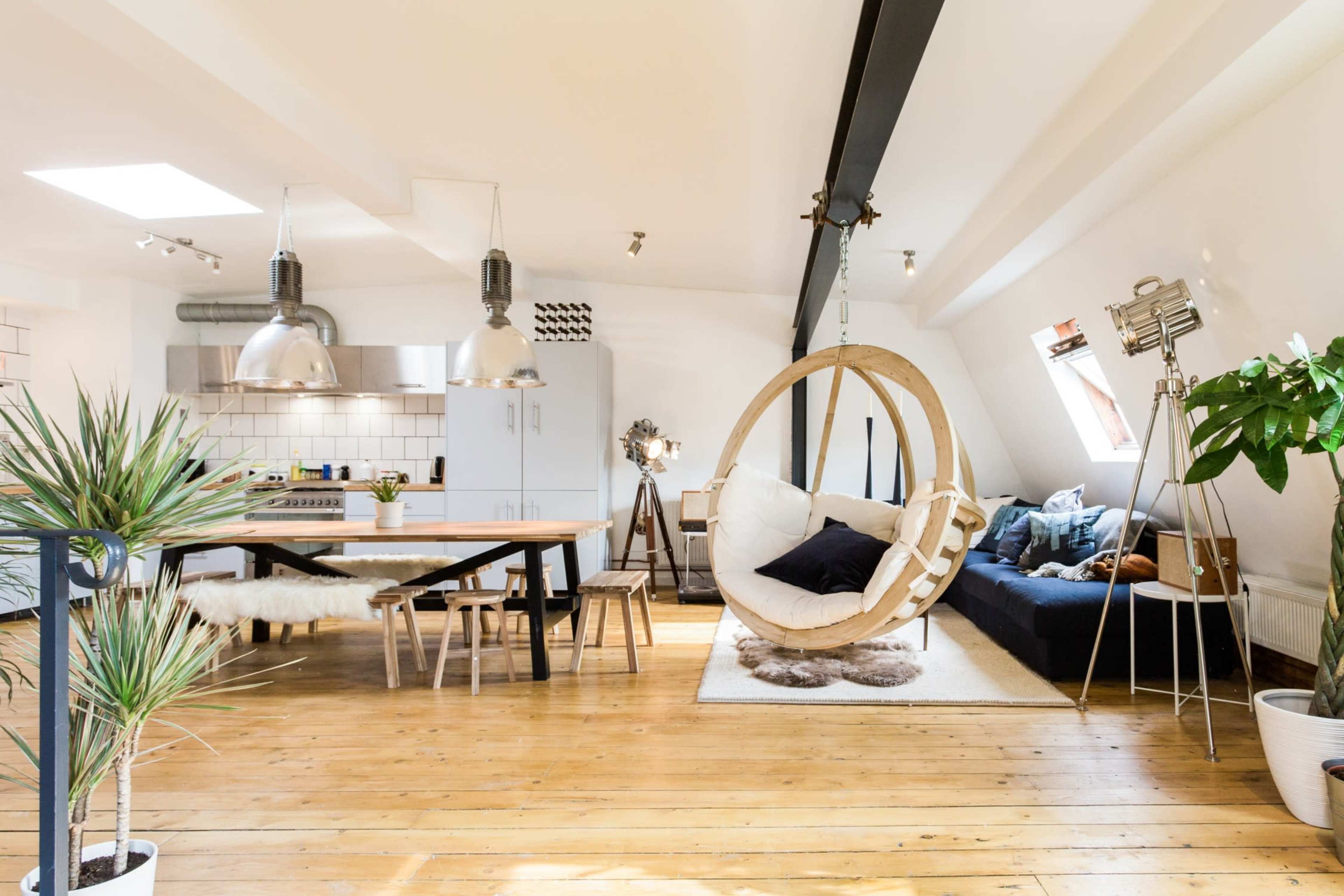 The image shows a modern, open-concept living space featuring a wooden swing chair, a dining area with a large table, and a cozy seating area with a couch and decorative plants.