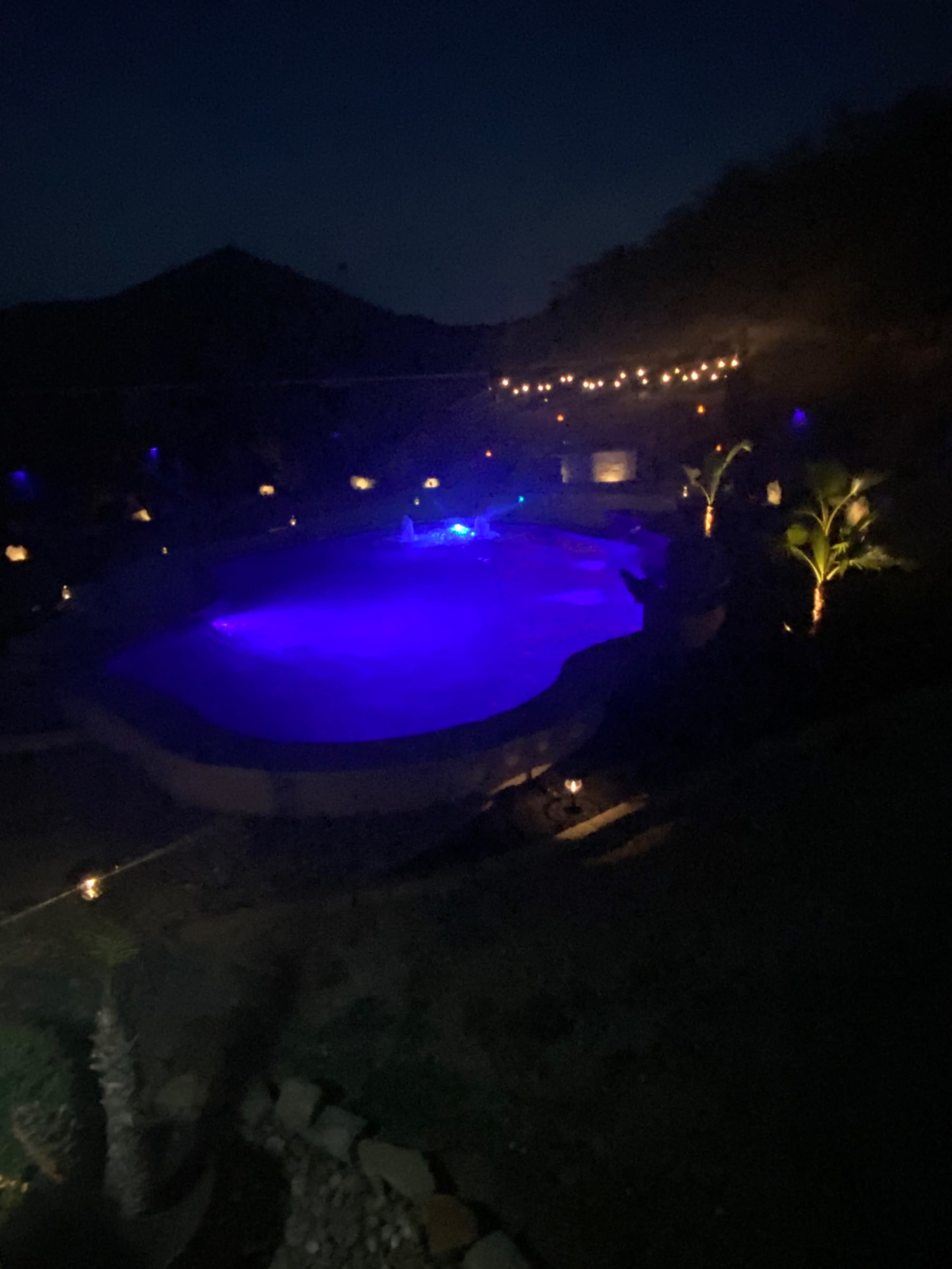 A pool with blue lights is surrounded by landscaped greenery and illuminated pathways at night.