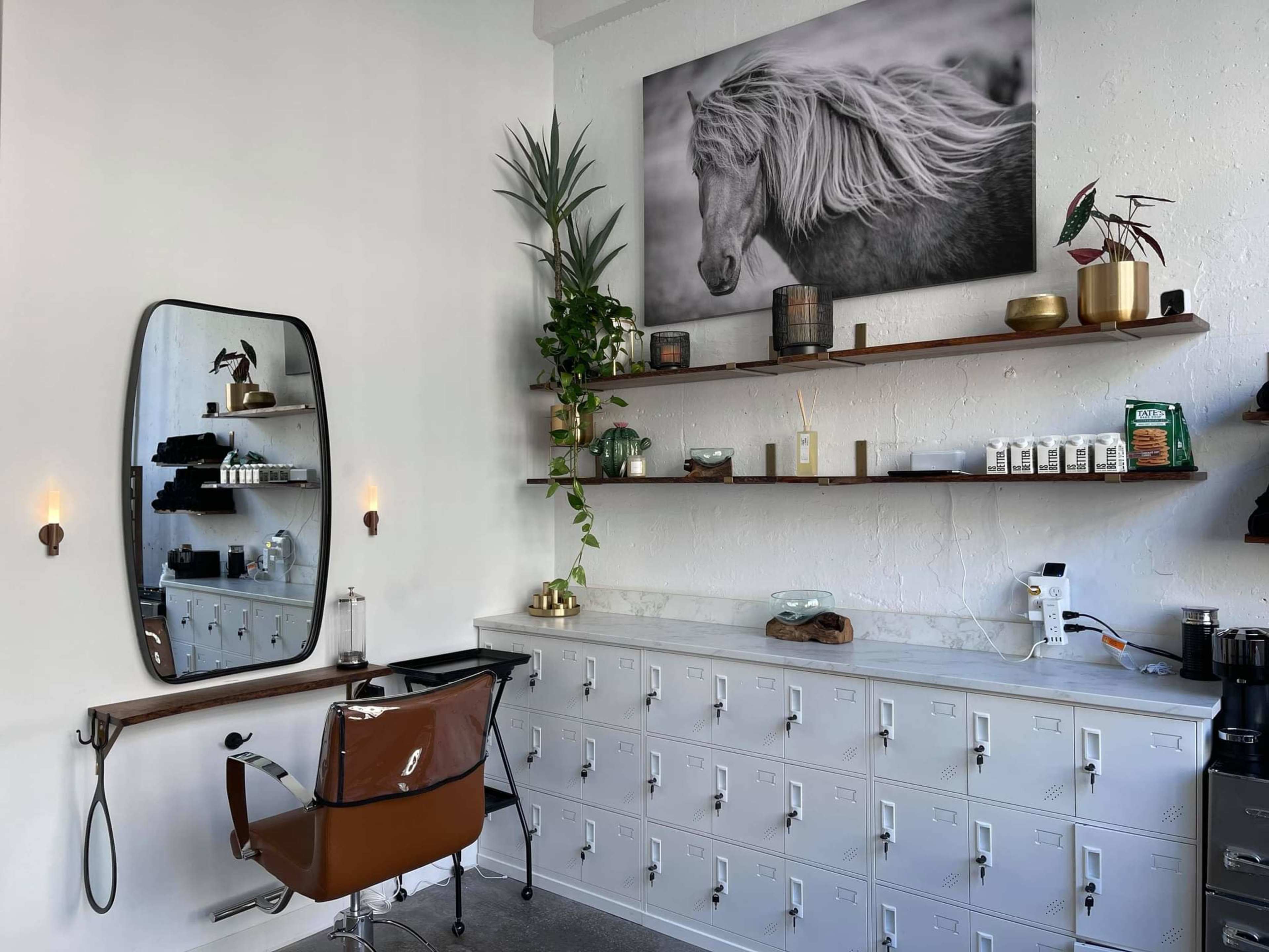 A modern hair salon features a large mirror, a styling chair, and shelves with plants, decor, and hair products against a light-colored wall.