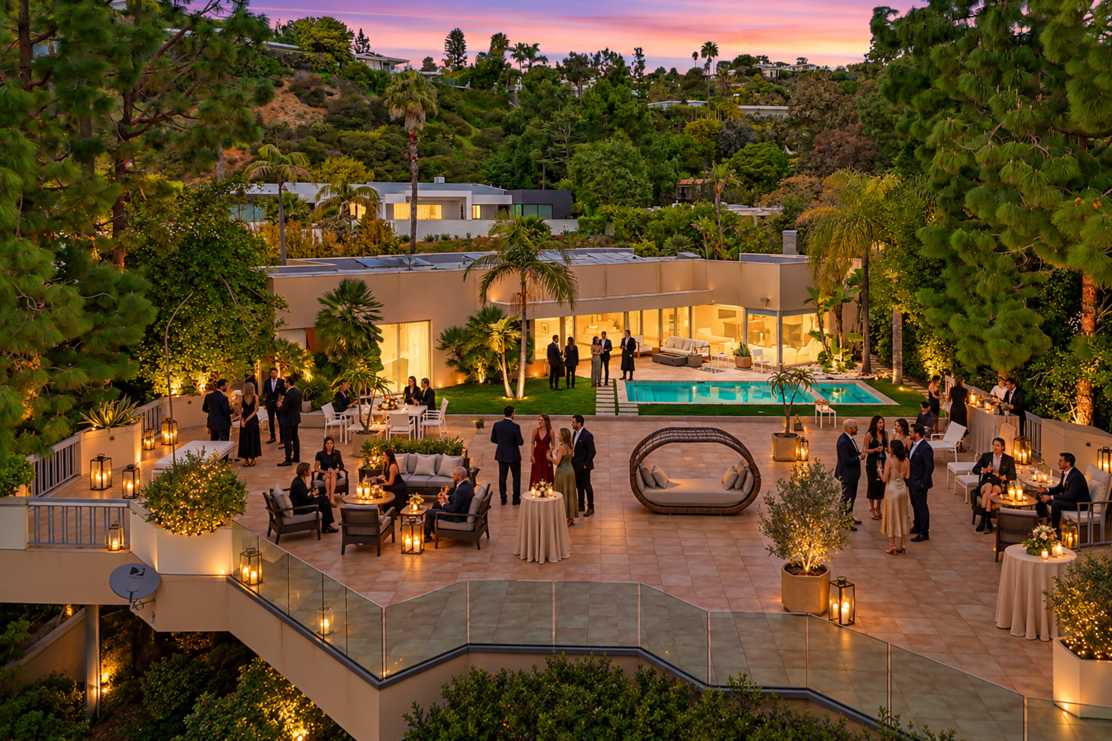 The image shows an elegant outdoor gathering at a modern patio with guests socializing near a swimming pool and lush greenery.