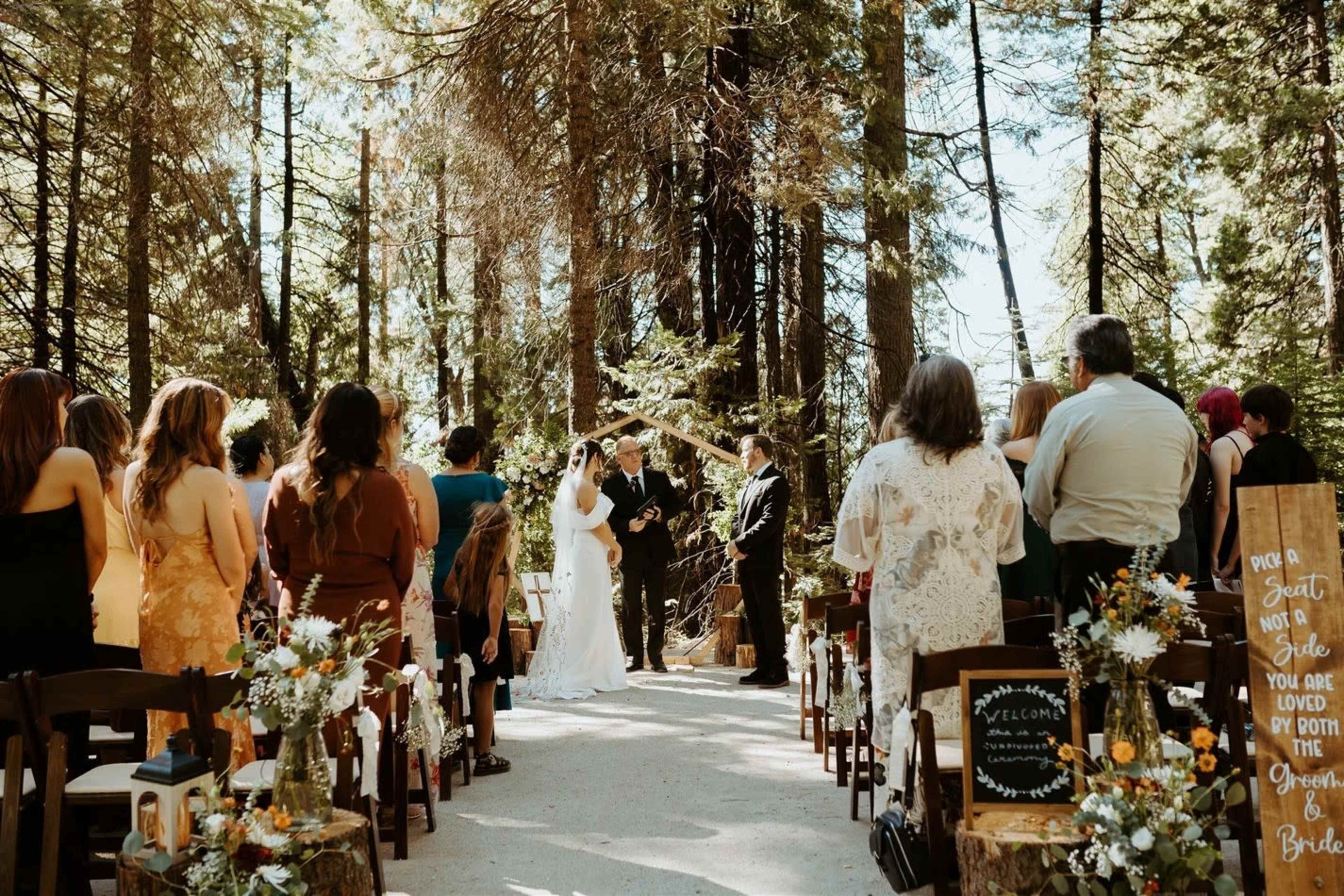A wedding ceremony is taking place outdoors among tall trees, with guests seated on either side and the couple standing at the front beside an officiant.